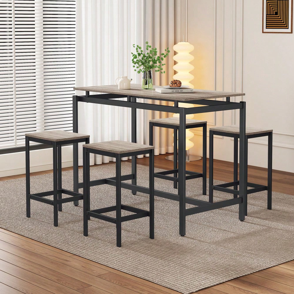 5-Piece Modern Industrial Bar Table Set With Space-Saving Stools - Stylish Furniture For Dining Room And Breakfast Nook (OAK)