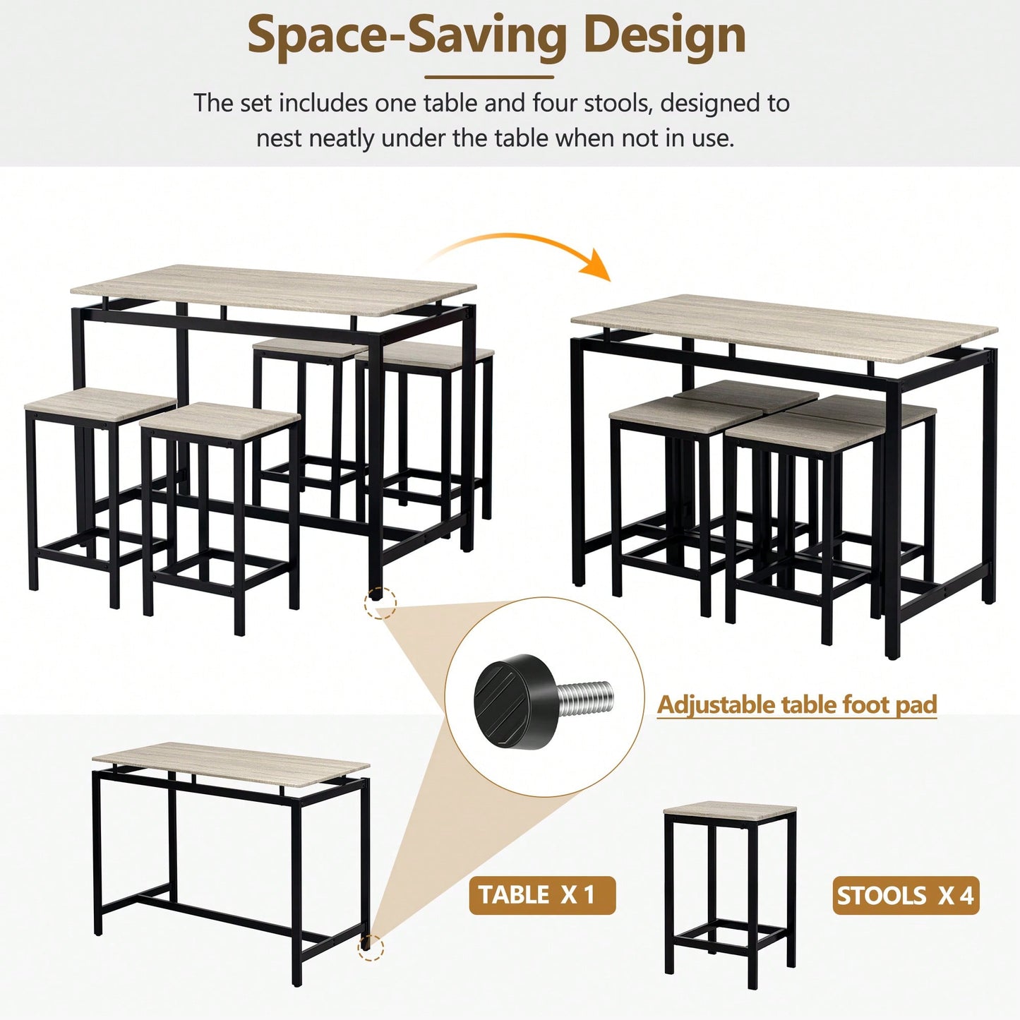 5-Piece Modern Industrial Bar Table Set With Space-Saving Stools - Stylish Furniture For Dining Room And Breakfast Nook (OAK)