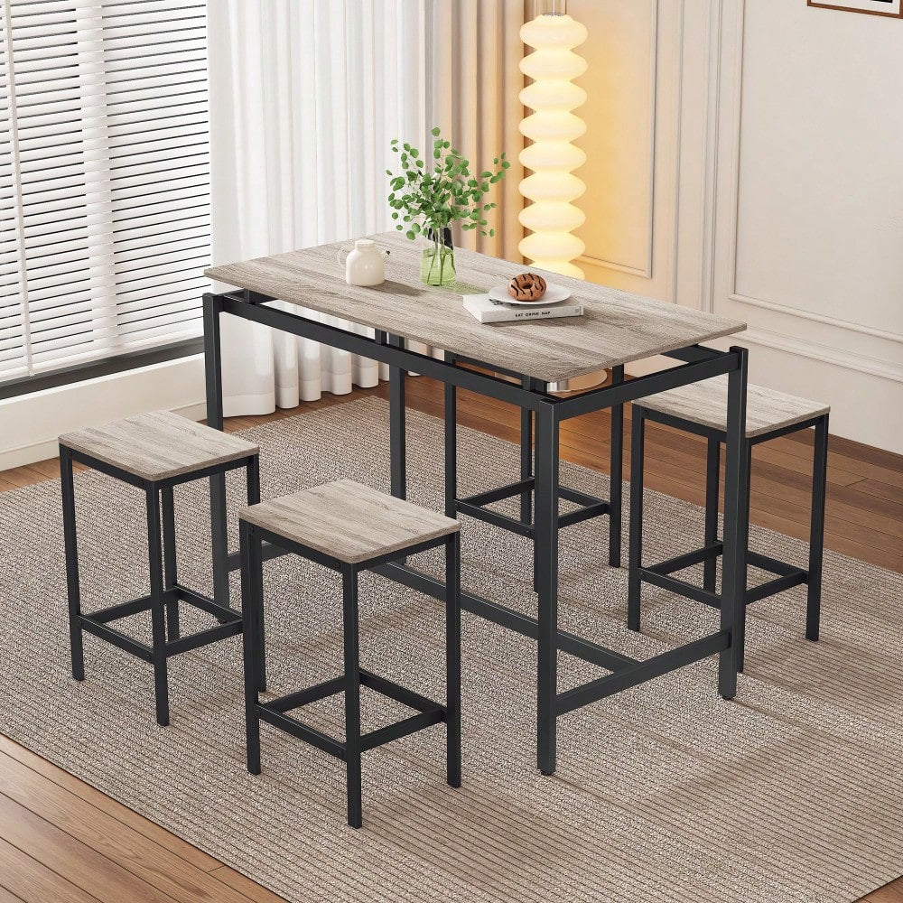 5-Piece Modern Industrial Bar Table Set With Space-Saving Stools - Stylish Furniture For Dining Room And Breakfast Nook (OAK)