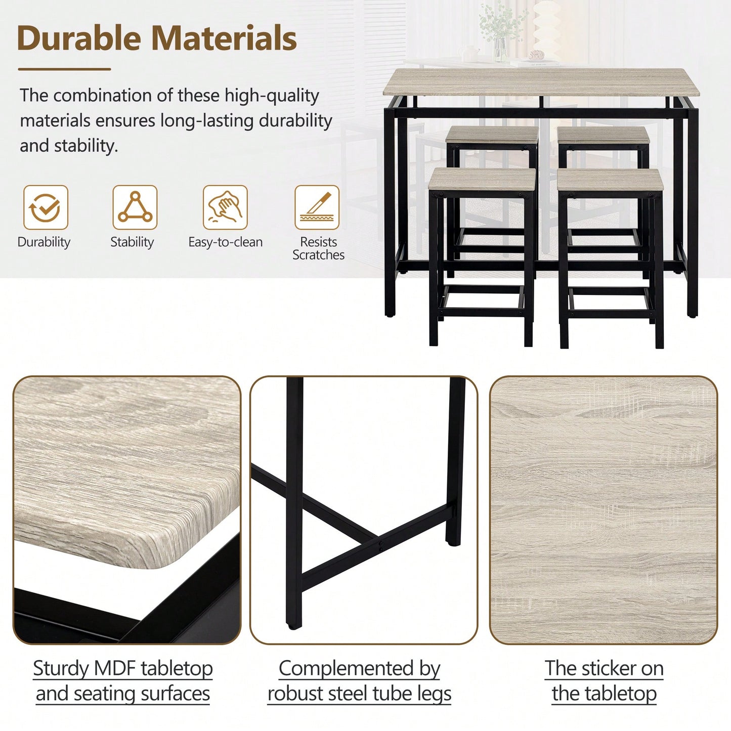 5-Piece Modern Industrial Bar Table Set With Space-Saving Stools - Stylish Furniture For Dining Room And Breakfast Nook (OAK)