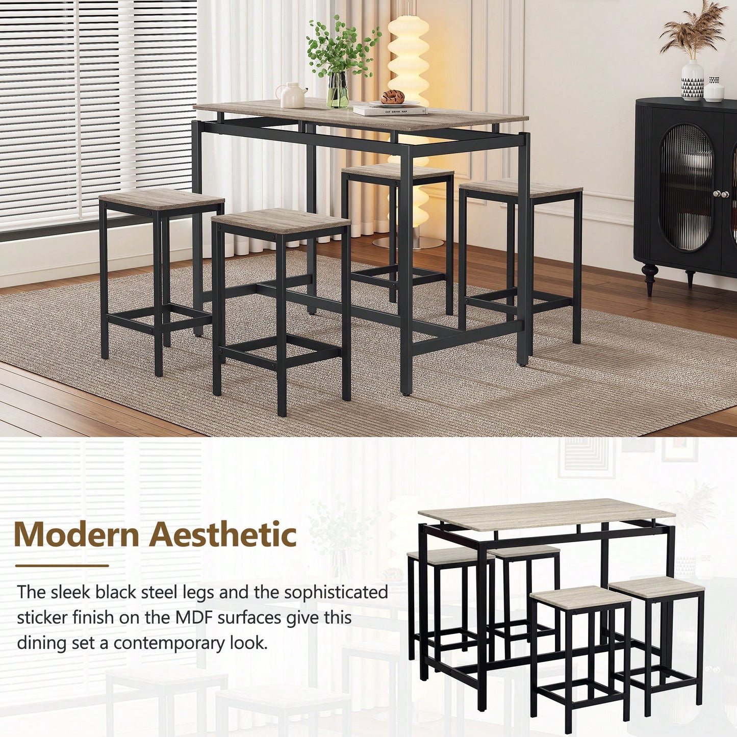 5-Piece Modern Industrial Bar Table Set With Space-Saving Stools - Stylish Furniture For Dining Room And Breakfast Nook (OAK)