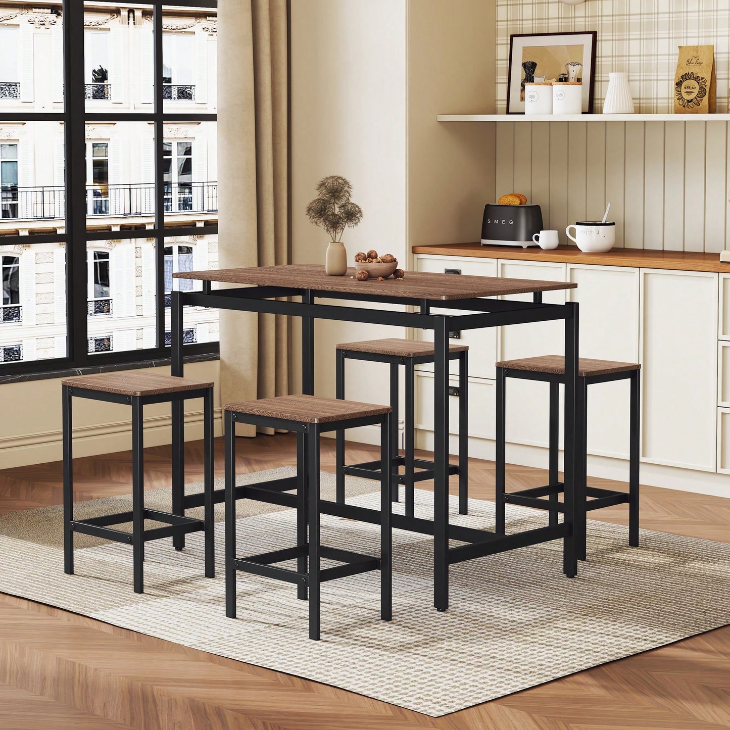 5-Piece Modern Industrial Bar Table Set With Space-Saving Stools - Stylish Furniture For Dining Room And Breakfast Nook (OAK)