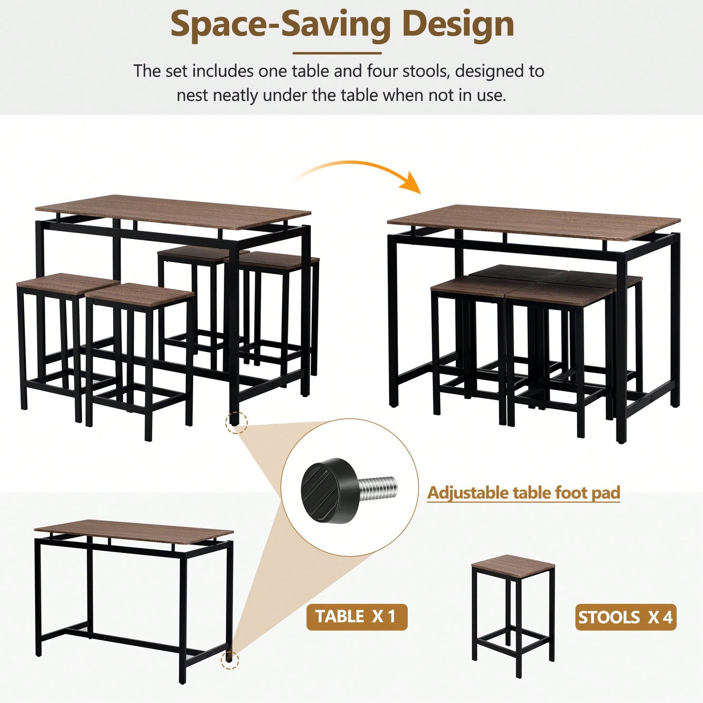 5-Piece Modern Industrial Bar Table Set With Space-Saving Stools - Stylish Furniture For Dining Room And Breakfast Nook (OAK)