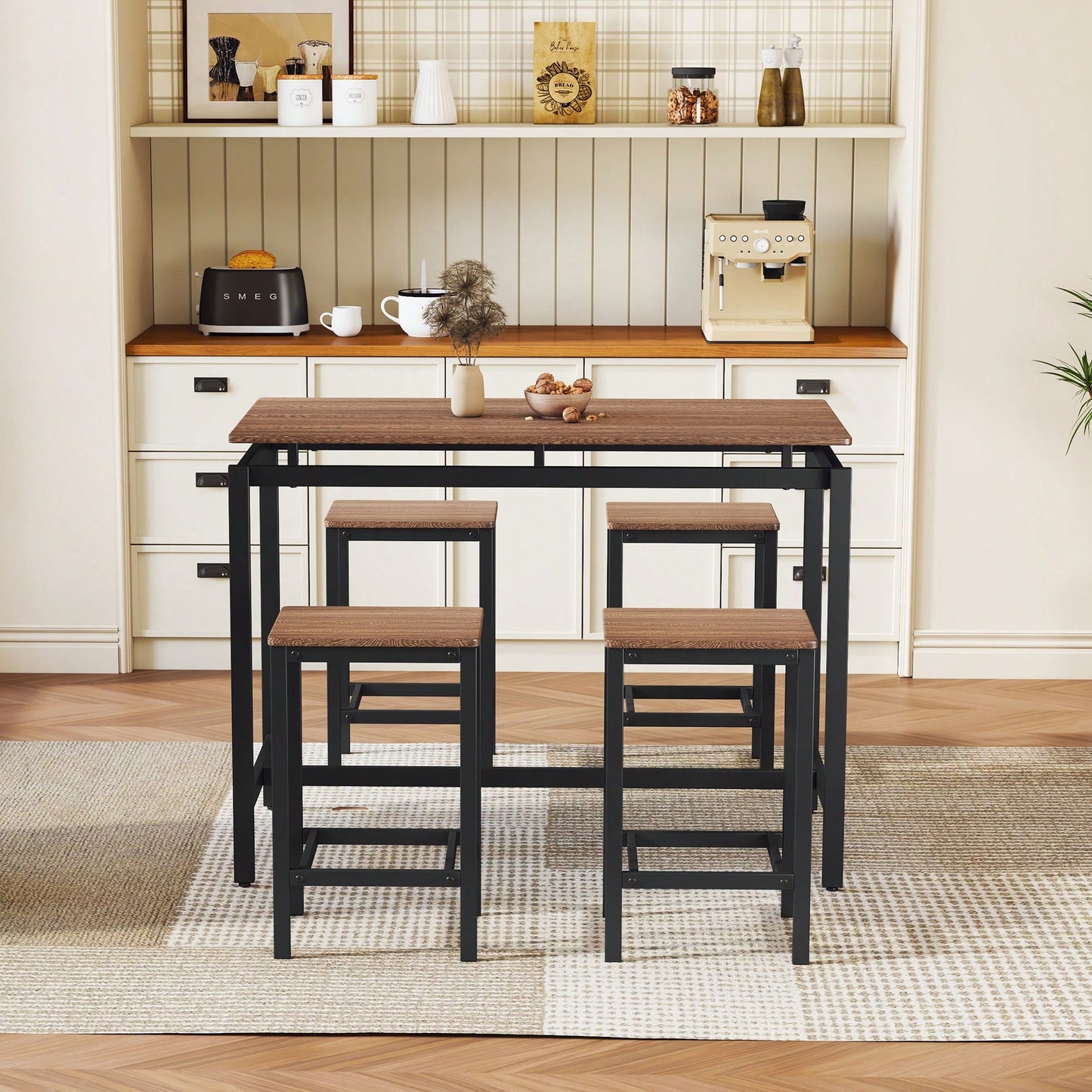5-Piece Modern Industrial Bar Table Set With Space-Saving Stools - Stylish Furniture For Dining Room And Breakfast Nook (OAK)