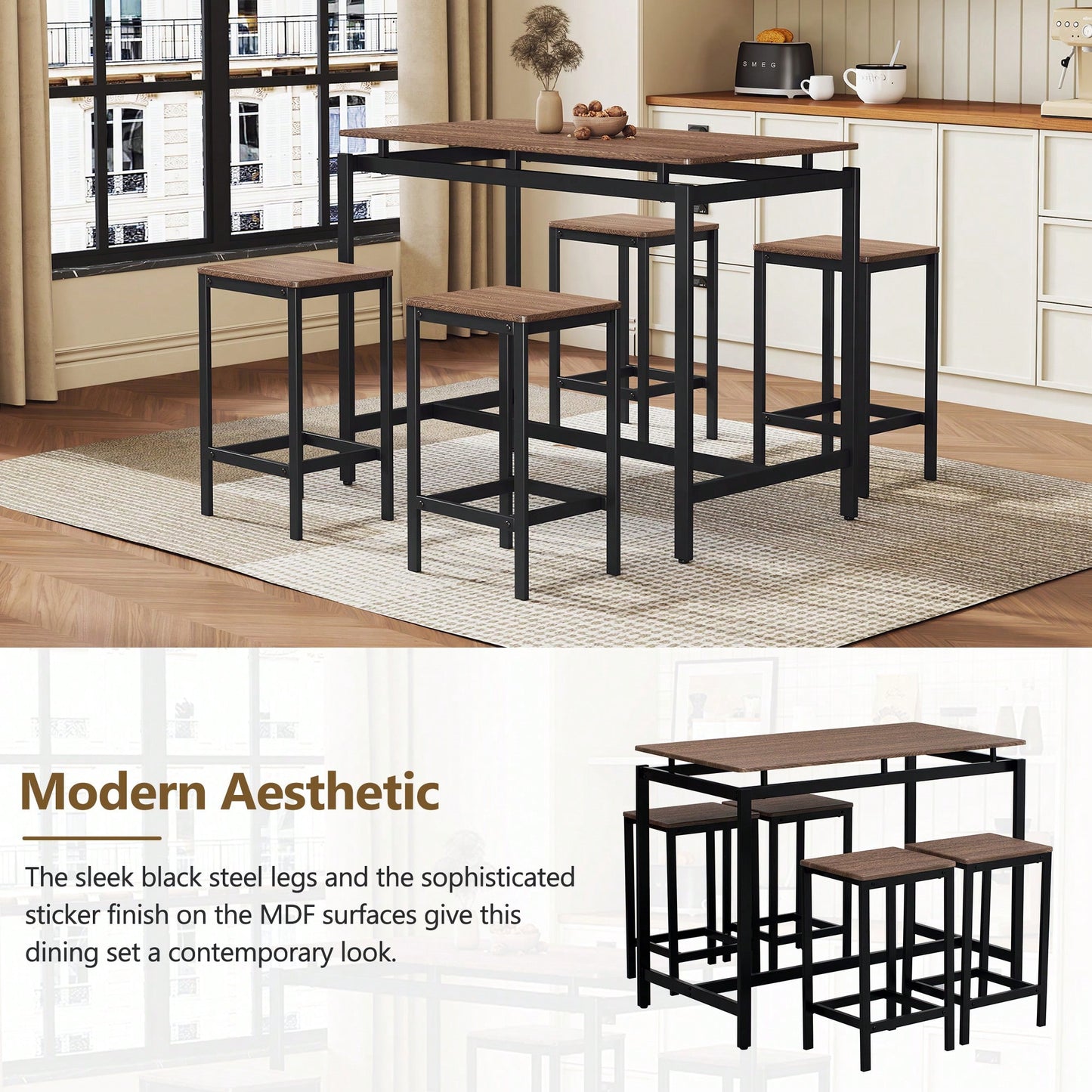 5-Piece Modern Industrial Bar Table Set With Space-Saving Stools - Stylish Furniture For Dining Room And Breakfast Nook (OAK)