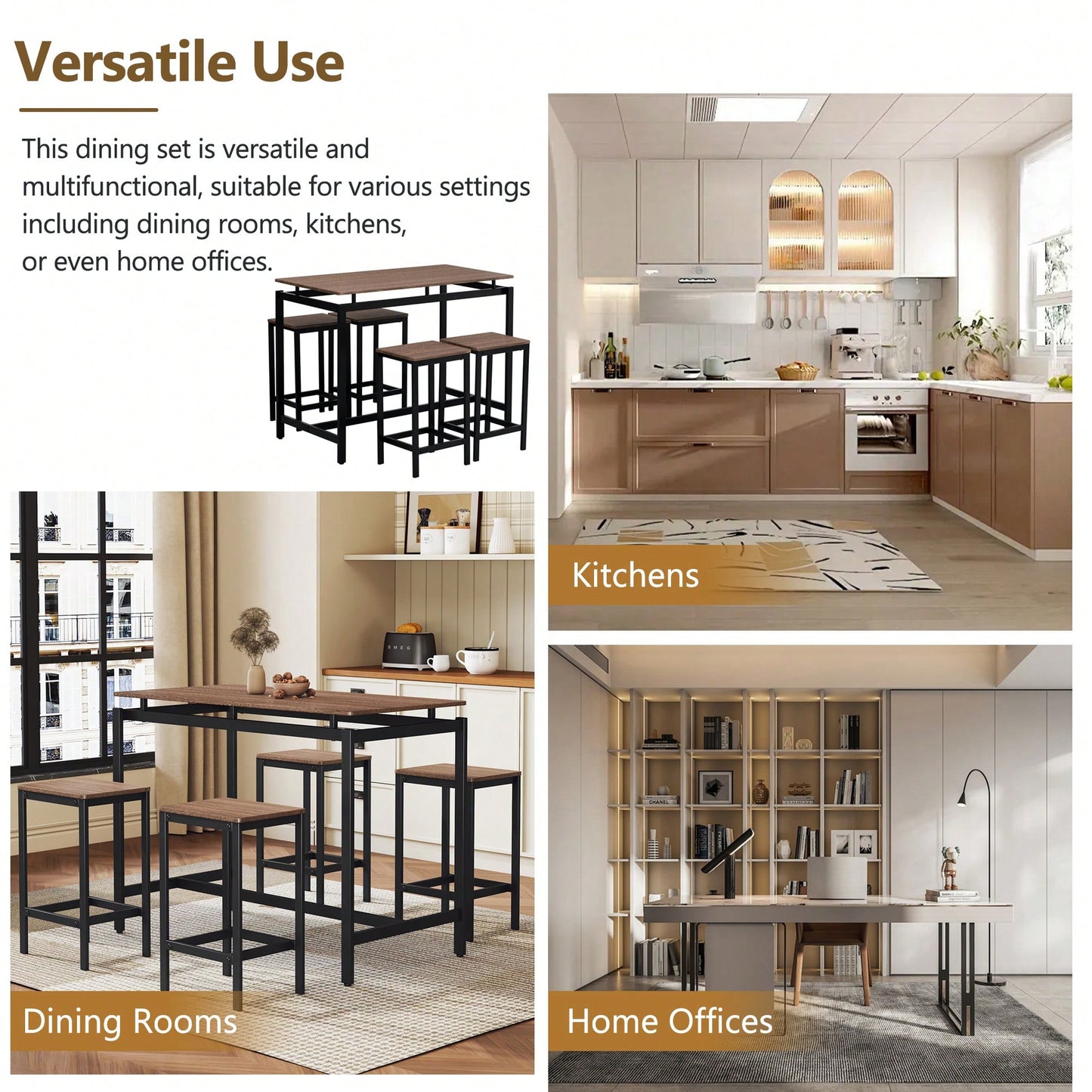 5-Piece Modern Industrial Bar Table Set With Space-Saving Stools - Stylish Furniture For Dining Room And Breakfast Nook (OAK)