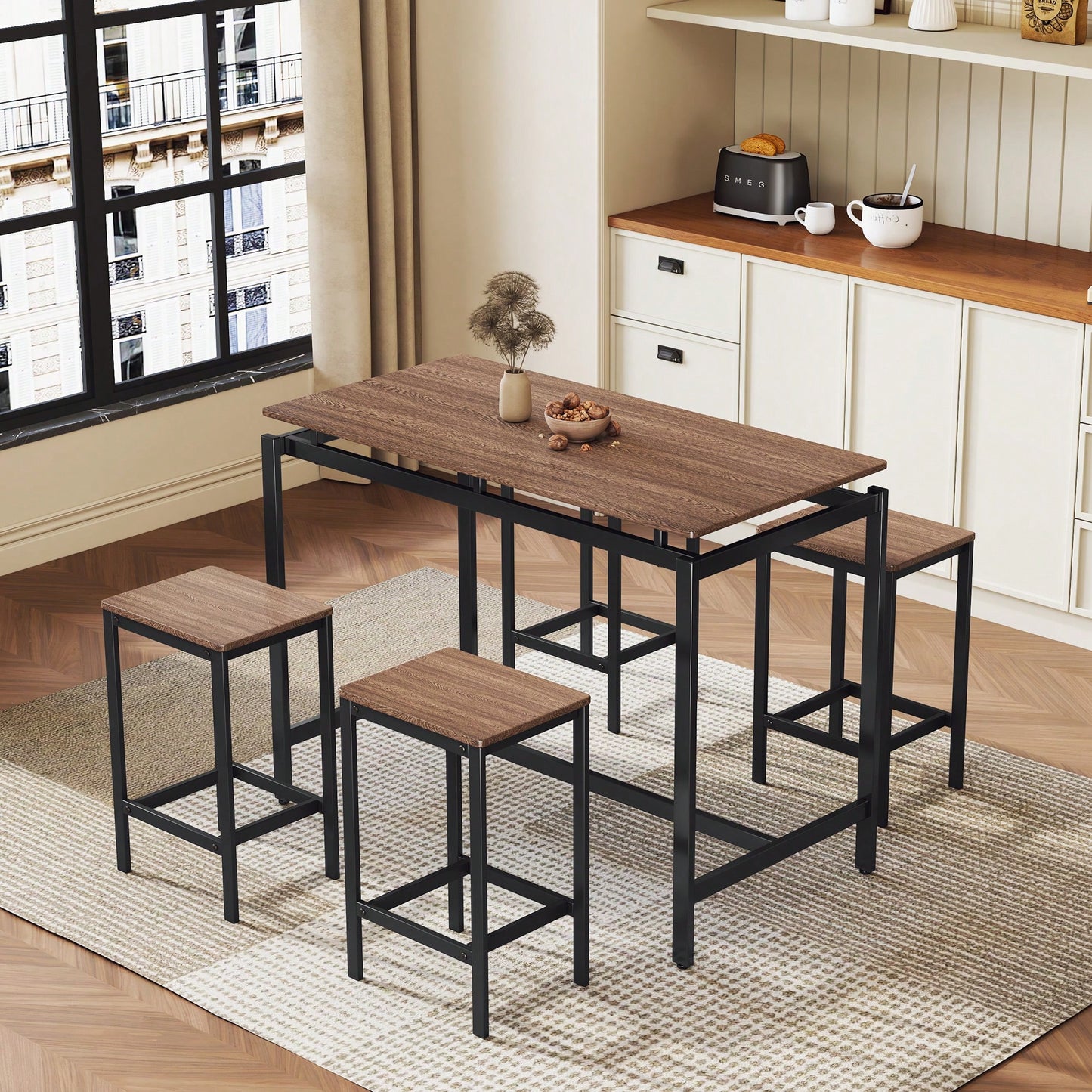 5-Piece Modern Industrial Bar Table Set With Space-Saving Stools - Stylish Furniture For Dining Room And Breakfast Nook (OAK)