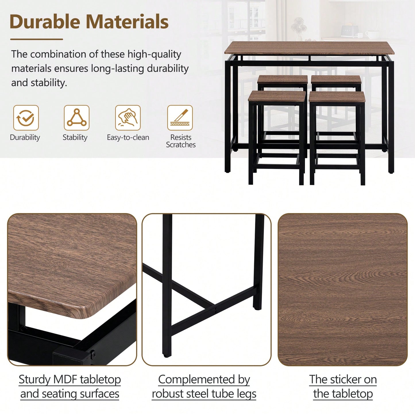 5-Piece Modern Industrial Bar Table Set With Space-Saving Stools - Stylish Furniture For Dining Room And Breakfast Nook (OAK)
