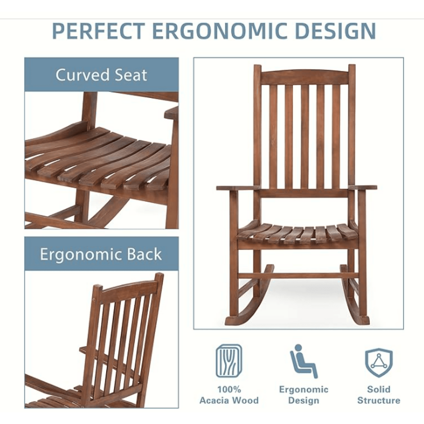 Light Brown Solid Wood Indoor Outdoor Rocking Chair Stylish Patio Furniture