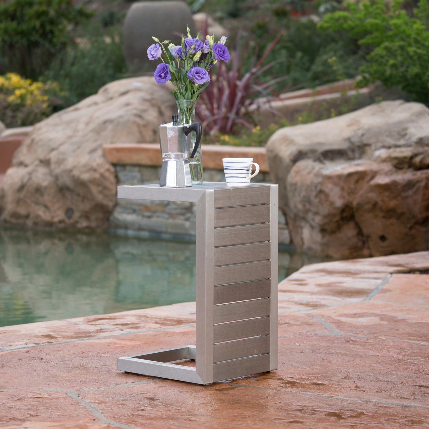 C-Shaped Modern Aluminum Table For Living Room And Patio Use