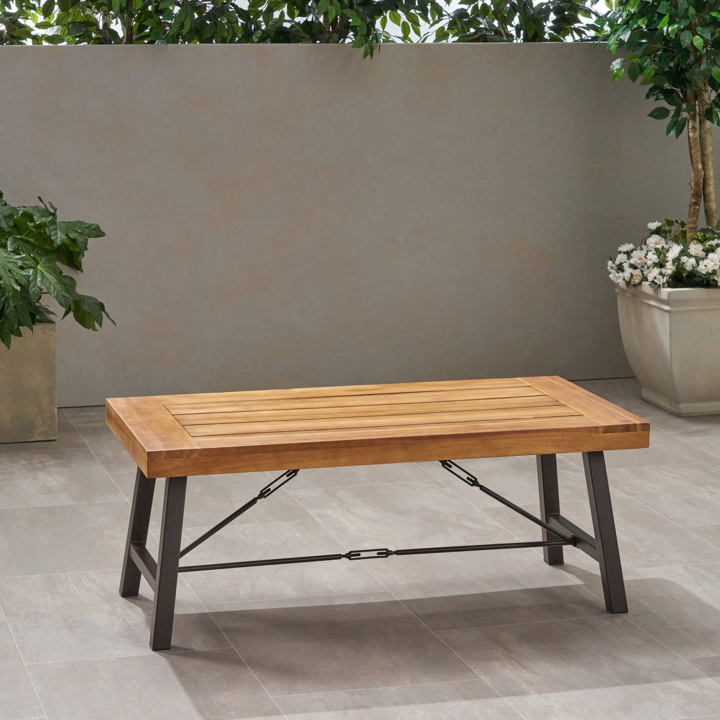 Rustic Outdoor Acacia Wood Coffee Table With Teak Finish And Metal Accents 27.25D X 45.75W X 18H