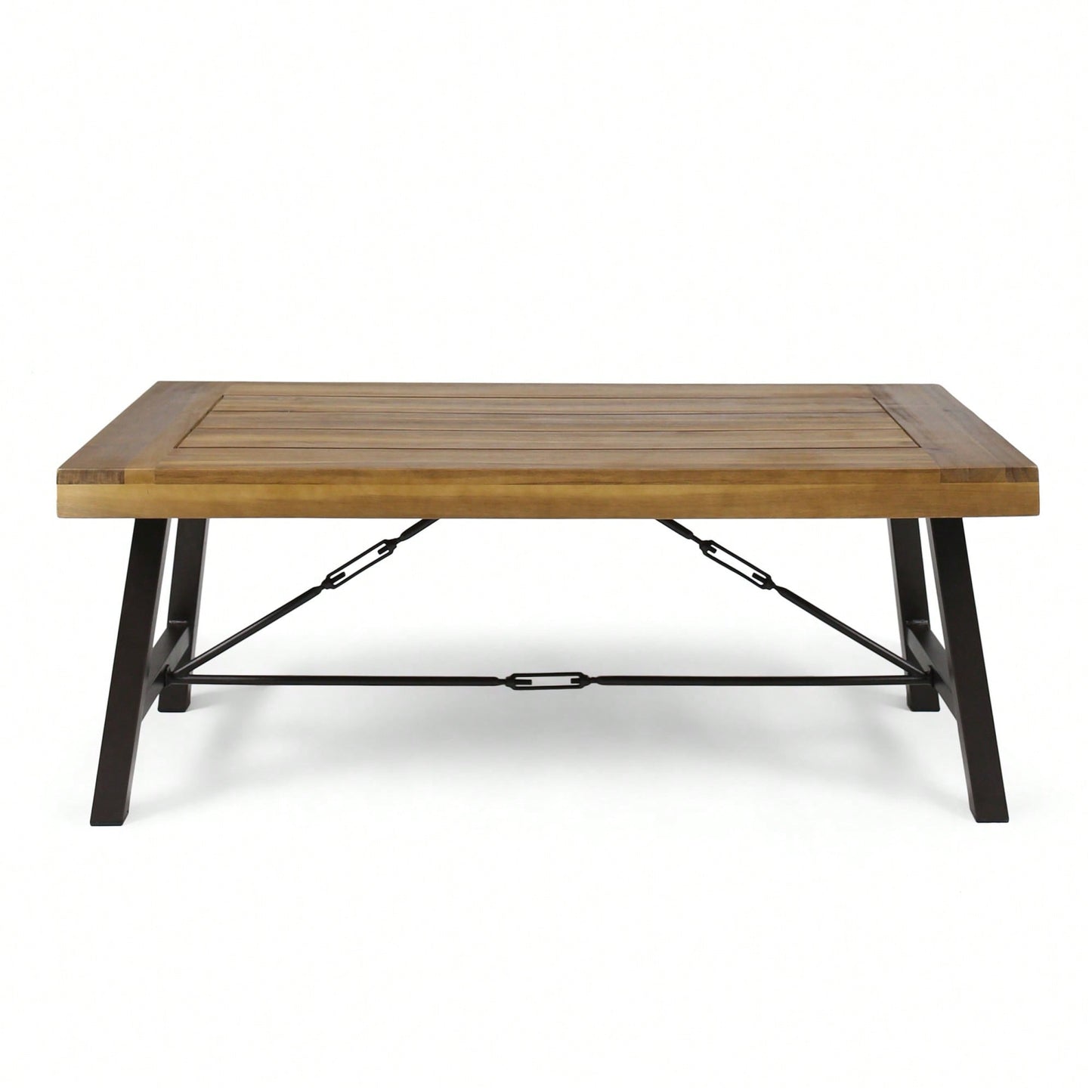 Rustic Outdoor Acacia Wood Coffee Table With Teak Finish And Metal Accents 27.25D X 45.75W X 18H