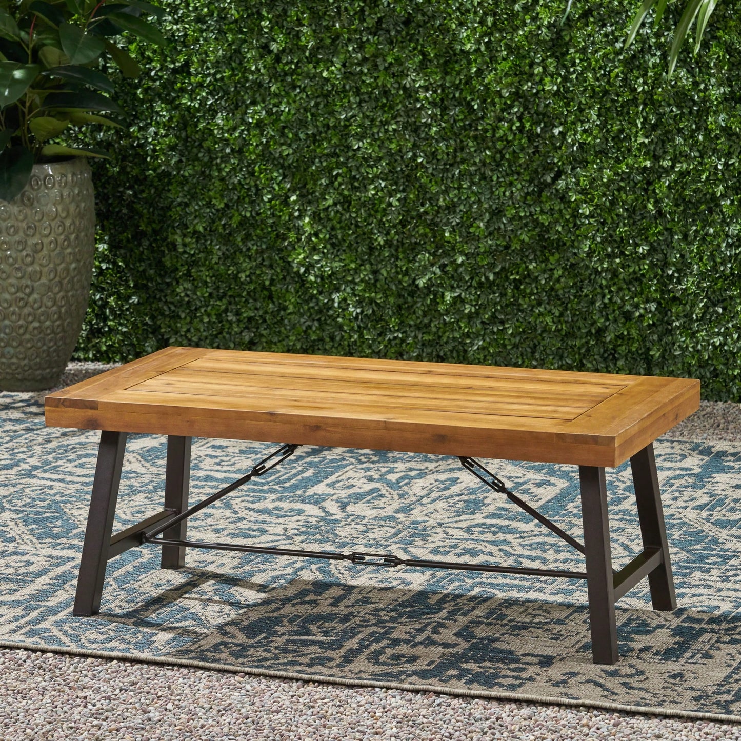 Rustic Outdoor Acacia Wood Coffee Table With Teak Finish And Metal Accents 27.25D X 45.75W X 18H