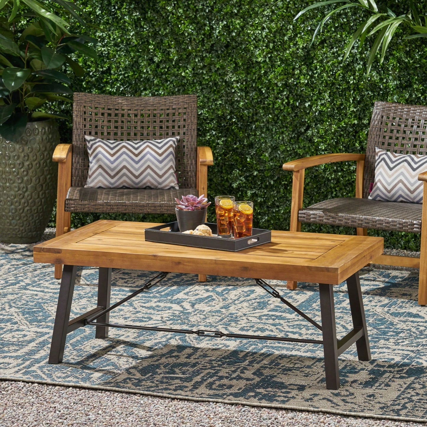 Rustic Outdoor Acacia Wood Coffee Table With Teak Finish And Metal Accents 27.25D X 45.75W X 18H