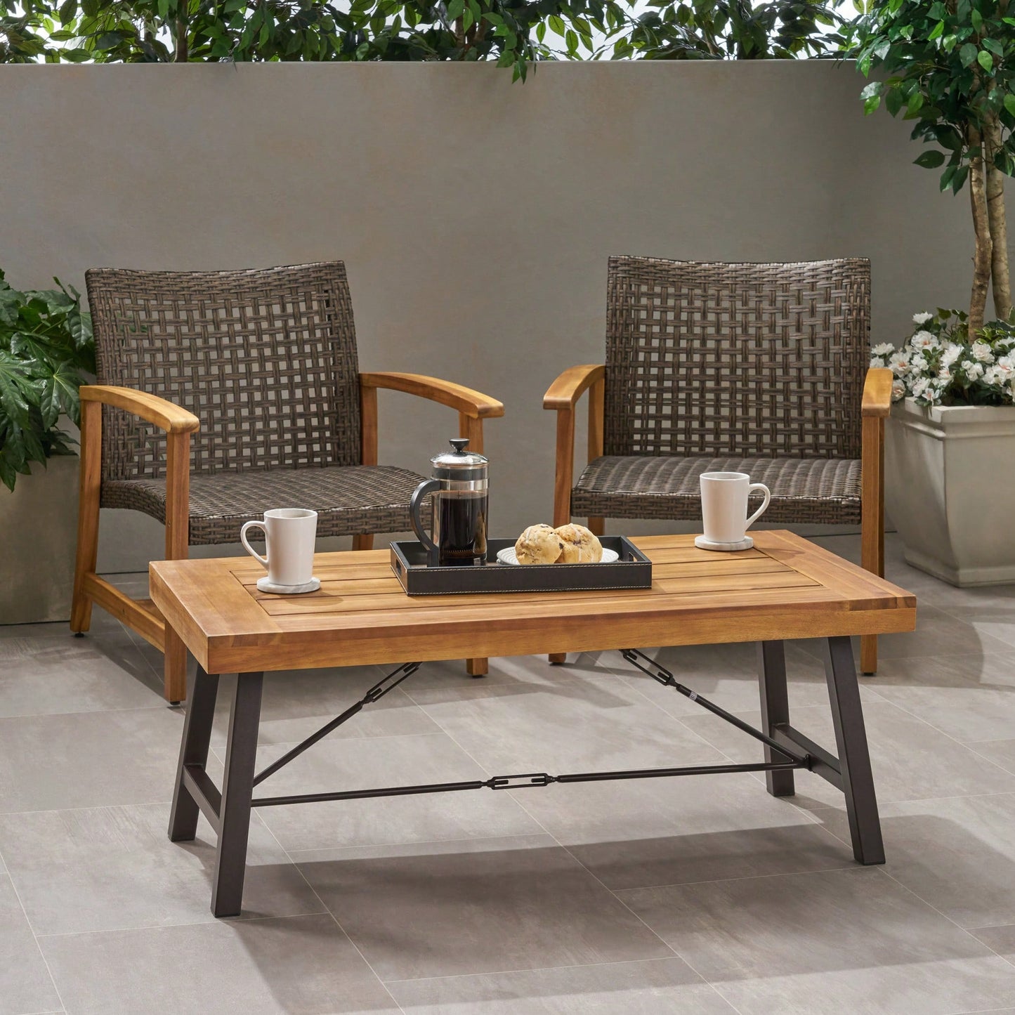 Rustic Outdoor Acacia Wood Coffee Table With Teak Finish And Metal Accents 27.25D X 45.75W X 18H