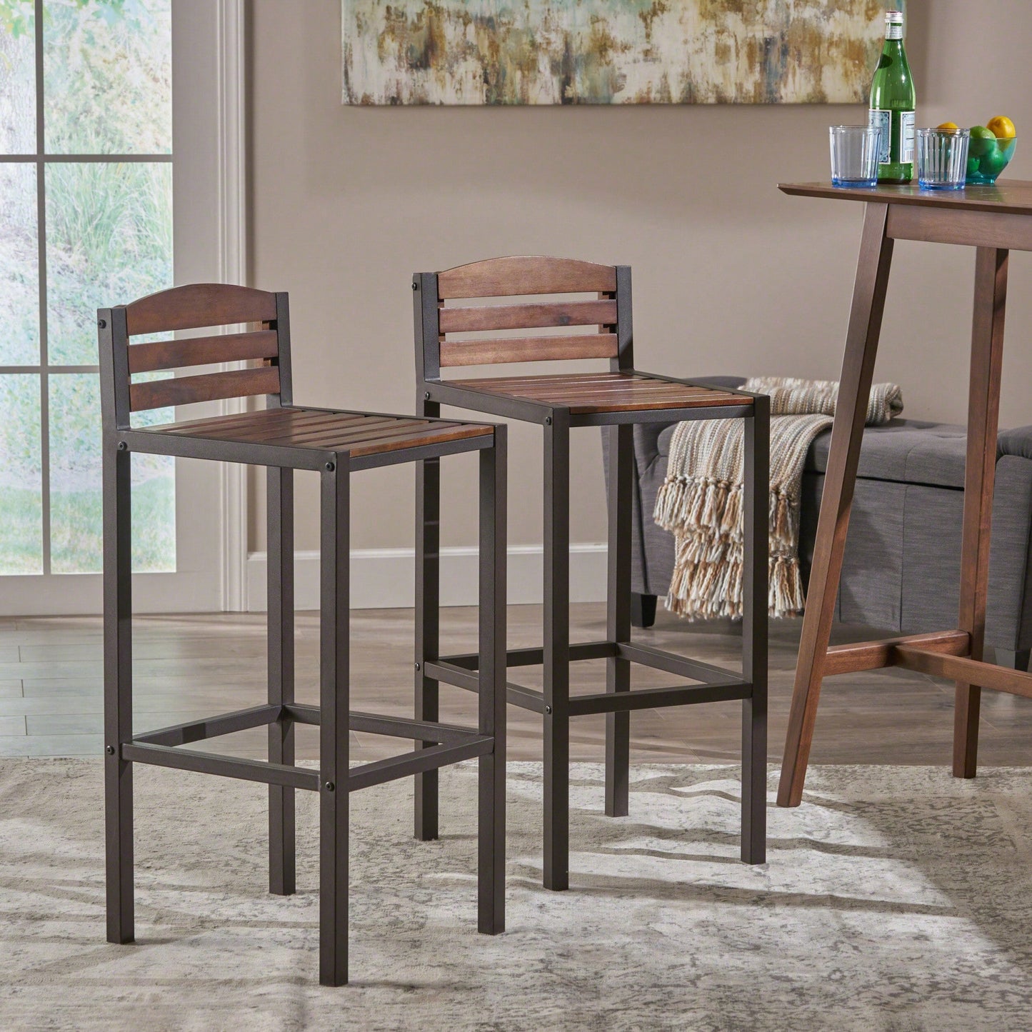 Set Of 2 Outdoor Acacia Wood Barstools For Patio And Garden