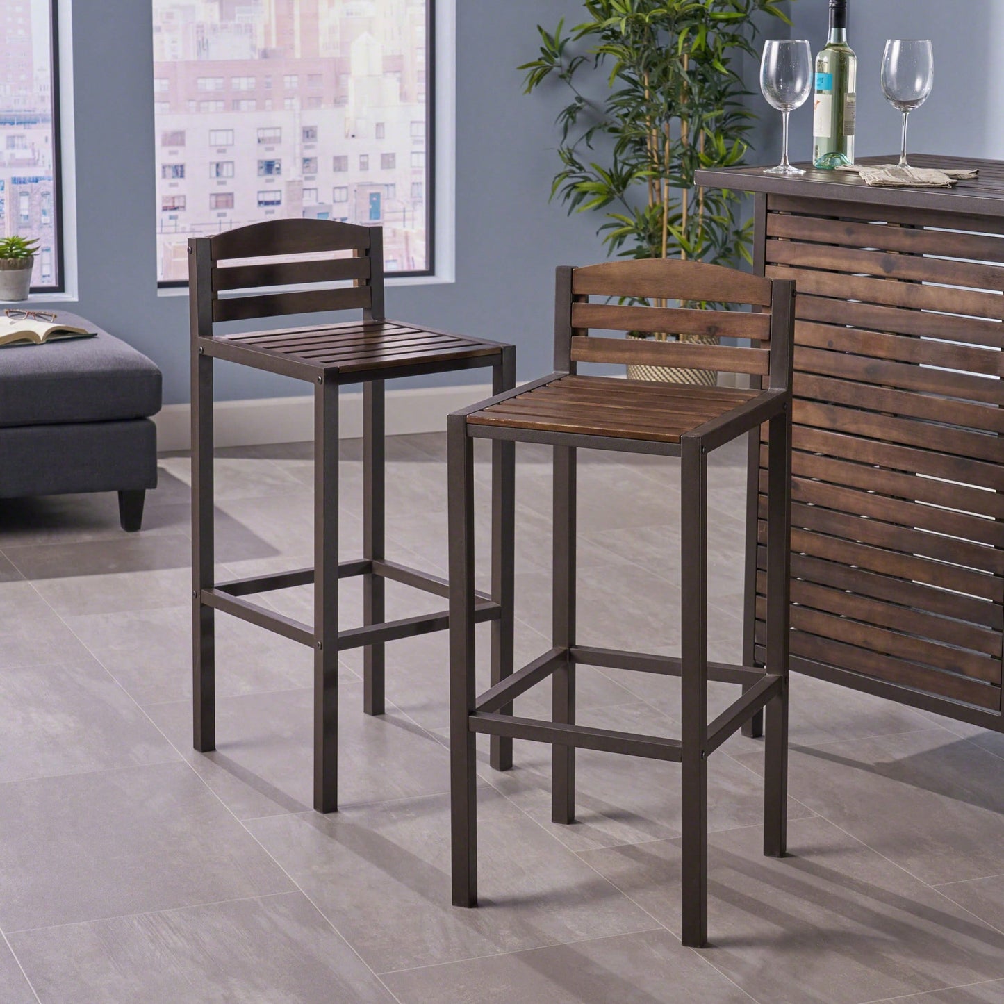 Set Of 2 Outdoor Acacia Wood Barstools For Patio And Garden