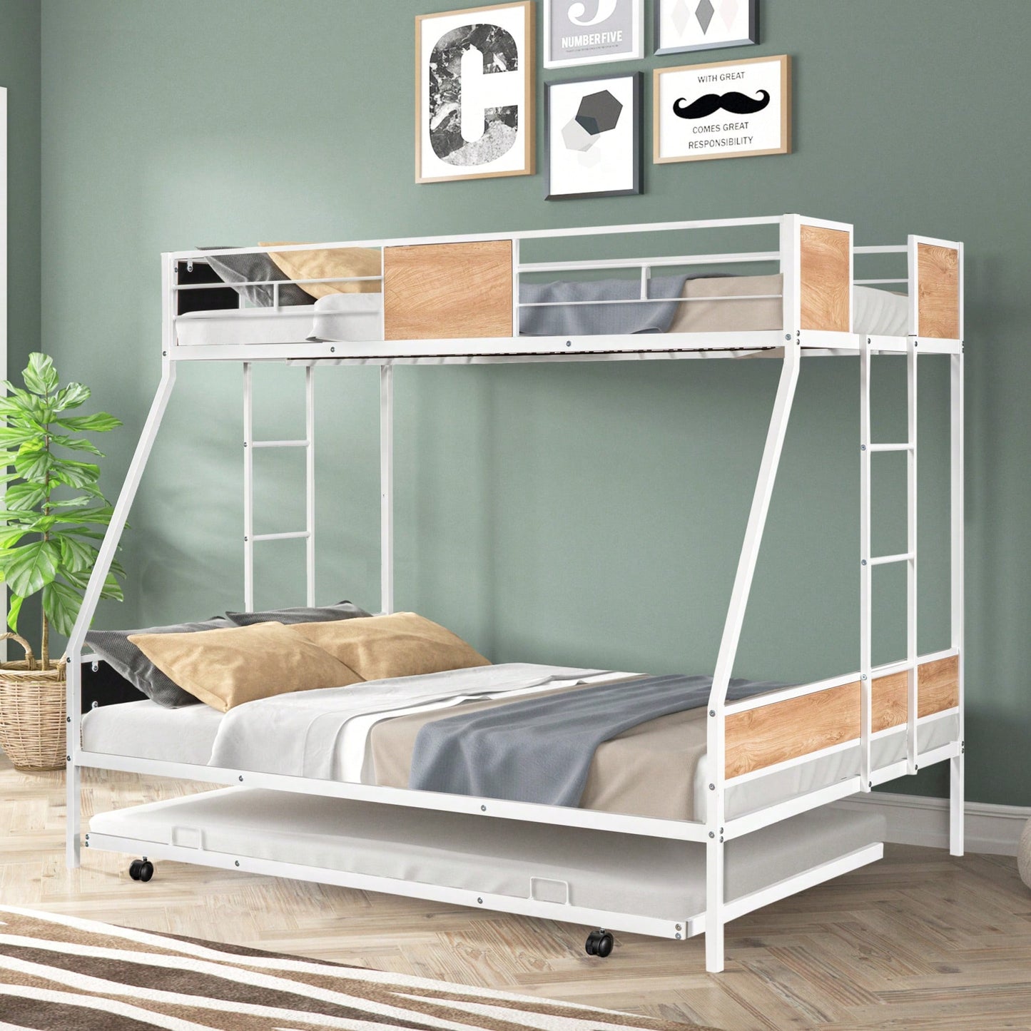Sturdy Twin Over Full Bunk Bed with Trundle and Guardrail Space-Saving Design for Three with Wooden Accents