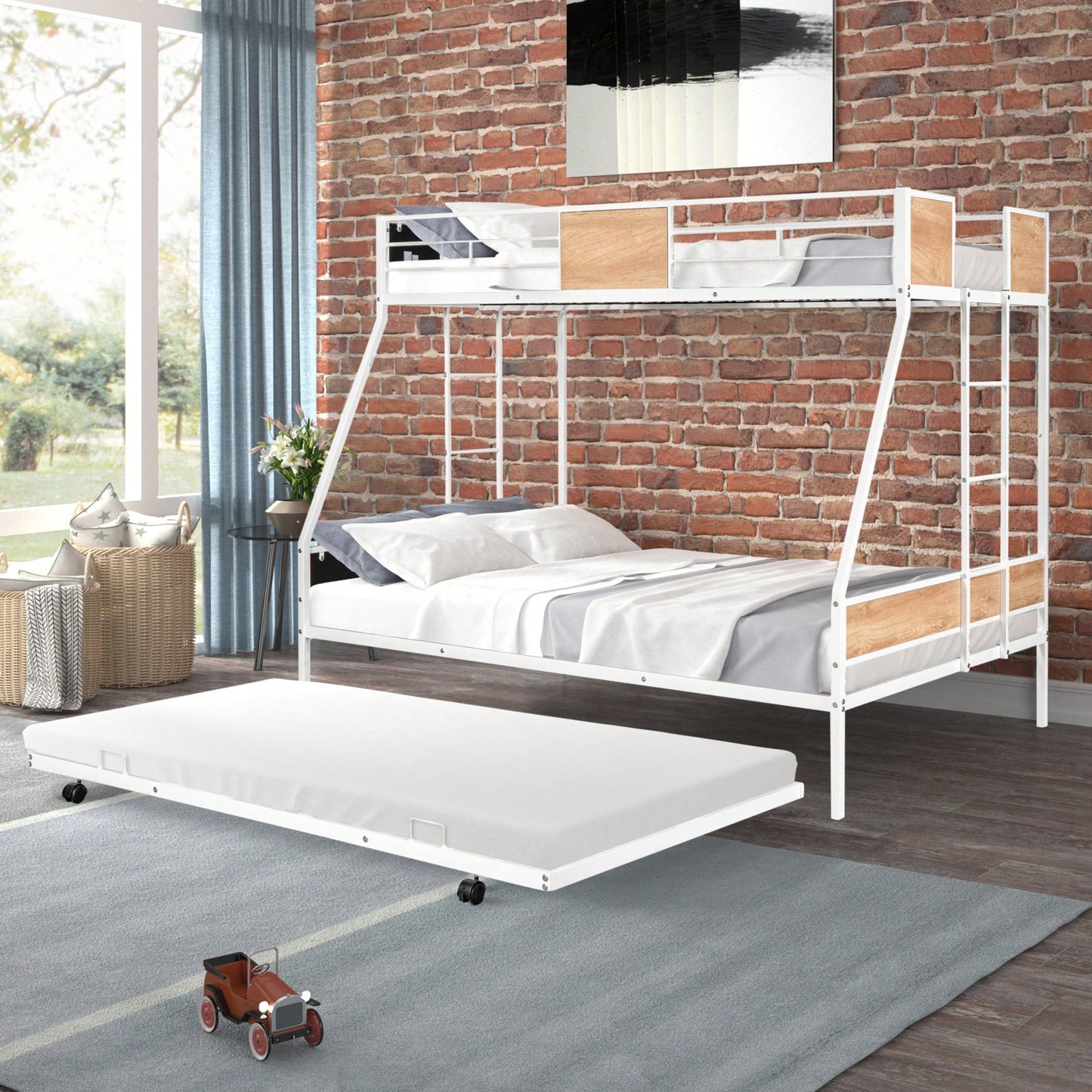 Sturdy Twin Over Full Bunk Bed with Trundle and Guardrail Space-Saving Design for Three with Wooden Accents