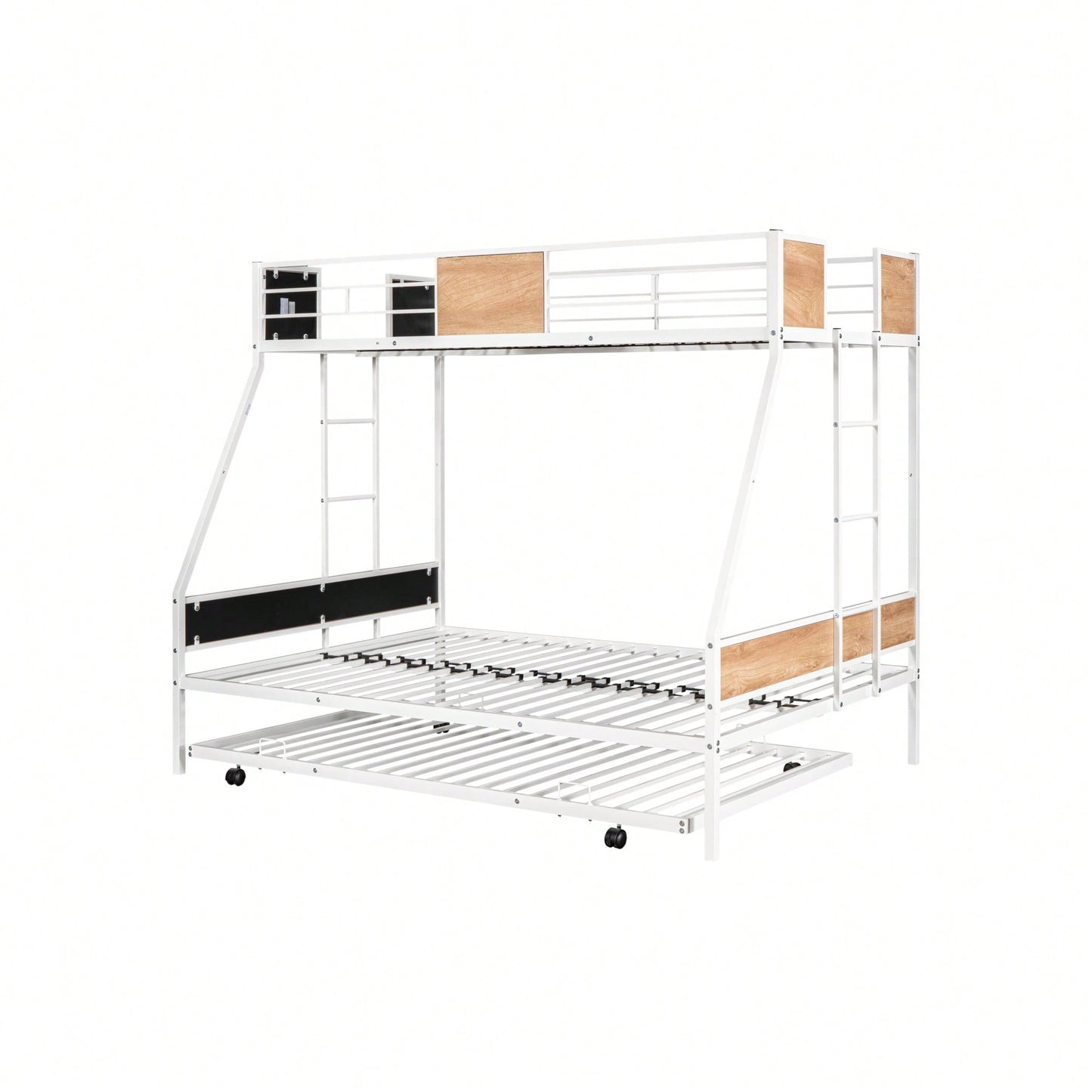 Sturdy Twin Over Full Bunk Bed with Trundle and Guardrail Space-Saving Design for Three with Wooden Accents