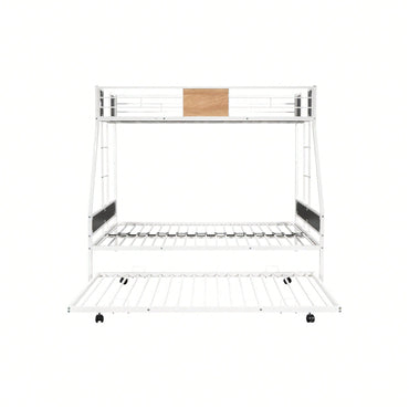 Sturdy Twin Over Full Bunk Bed with Trundle and Guardrail Space-Saving Design for Three with Wooden Accents
