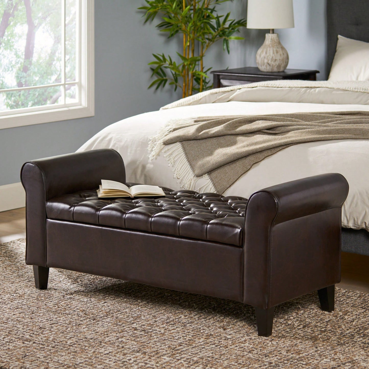 Stylish And Functional Armed Storage Bench With Cushion For Entryway Or Living Room