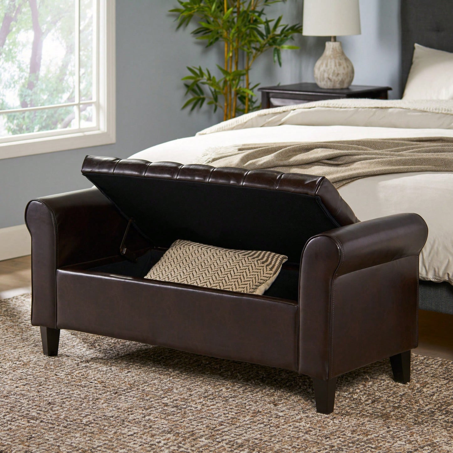 Stylish And Functional Armed Storage Bench With Cushion For Entryway Or Living Room