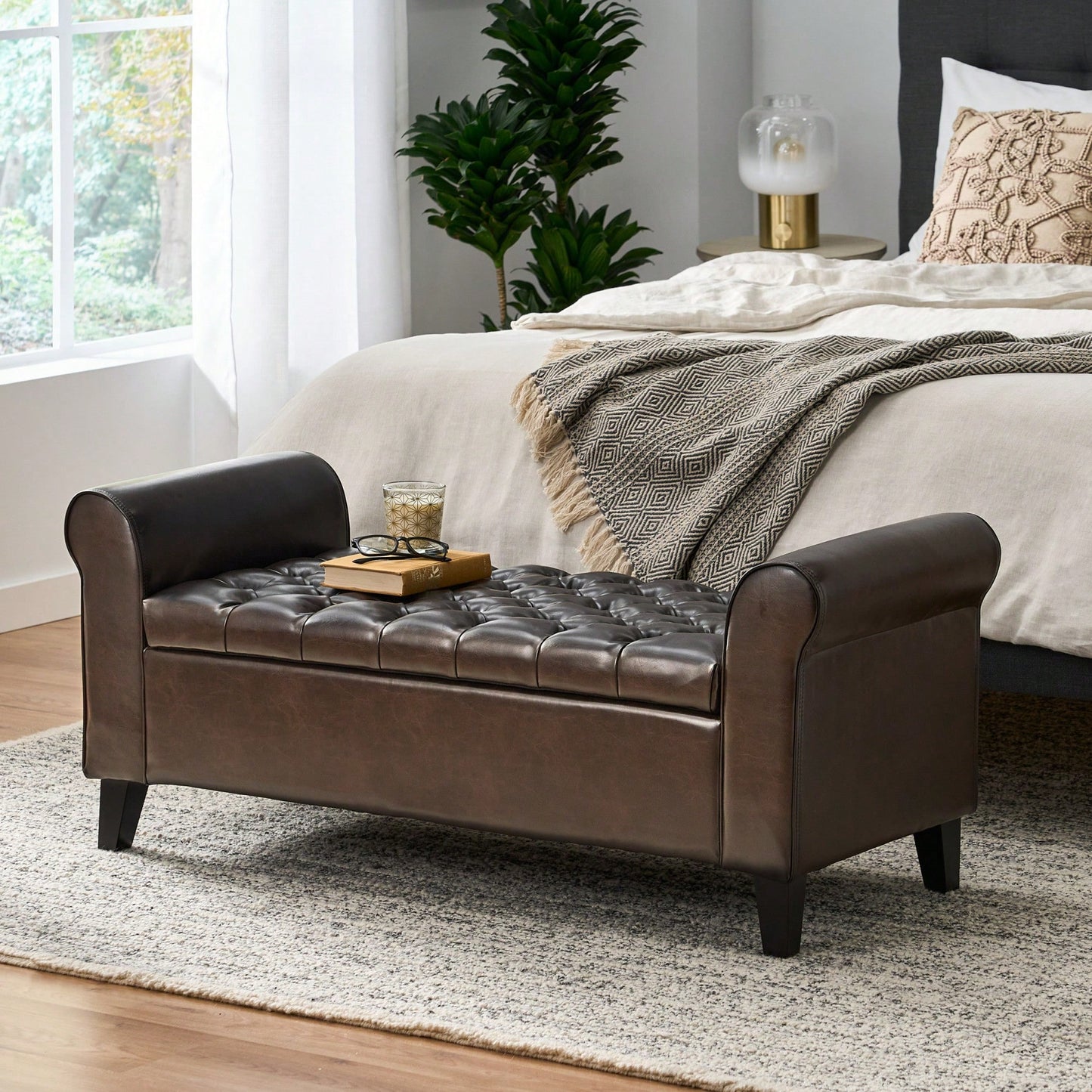 Stylish And Functional Armed Storage Bench With Cushion For Entryway Or Living Room