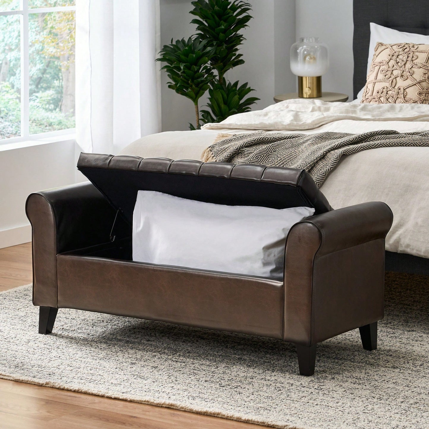 Stylish And Functional Armed Storage Bench With Cushion For Entryway Or Living Room