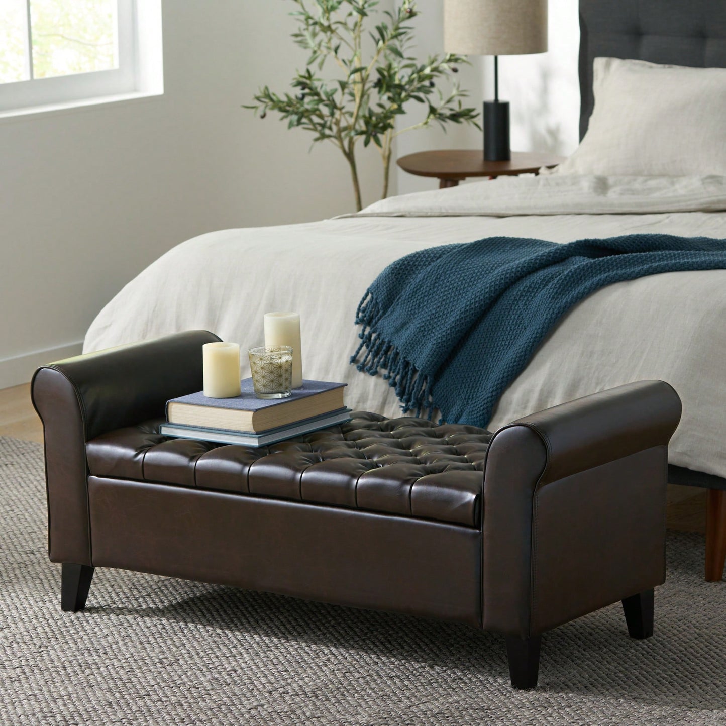 Stylish And Functional Armed Storage Bench With Cushion For Entryway Or Living Room