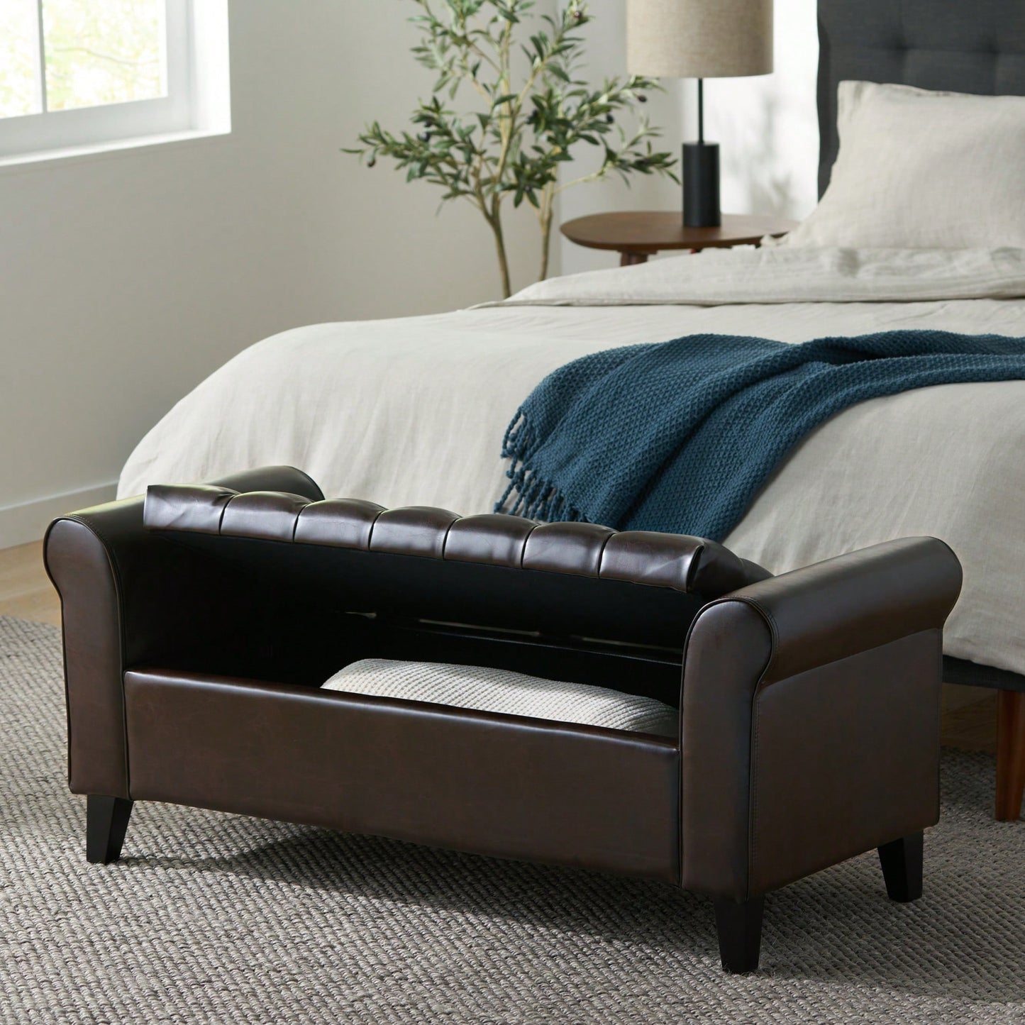 Stylish And Functional Armed Storage Bench With Cushion For Entryway Or Living Room