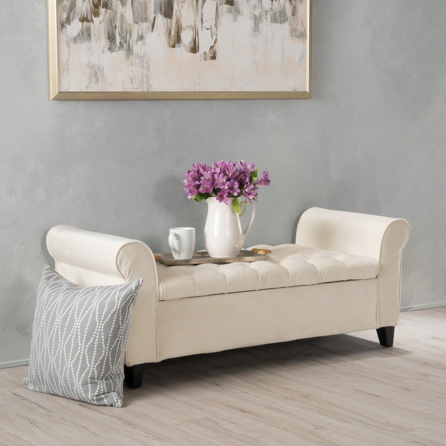 Stylish And Functional Armed Storage Bench With Cushion For Entryway Or Living Room
