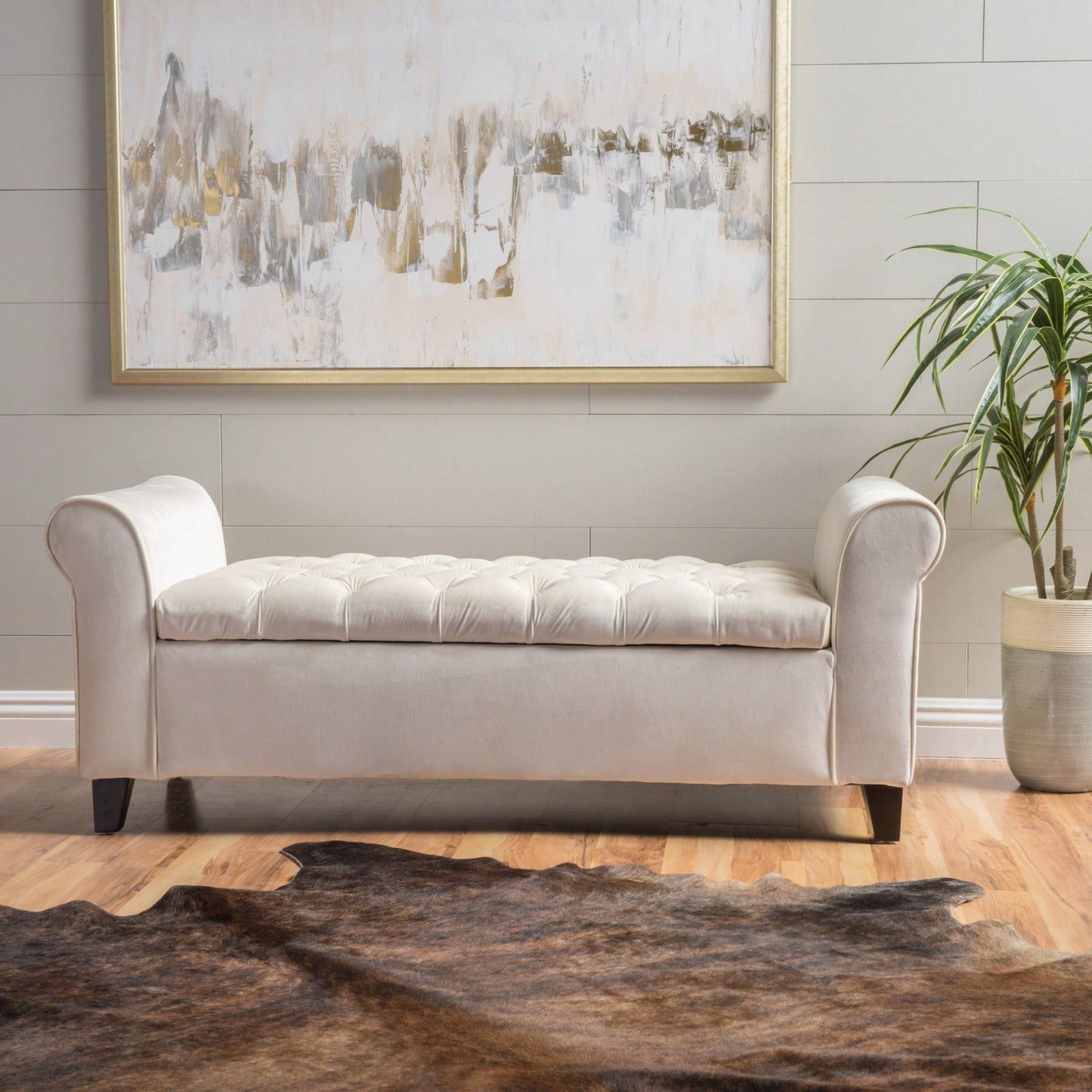 Stylish And Functional Armed Storage Bench With Cushion For Entryway Or Living Room