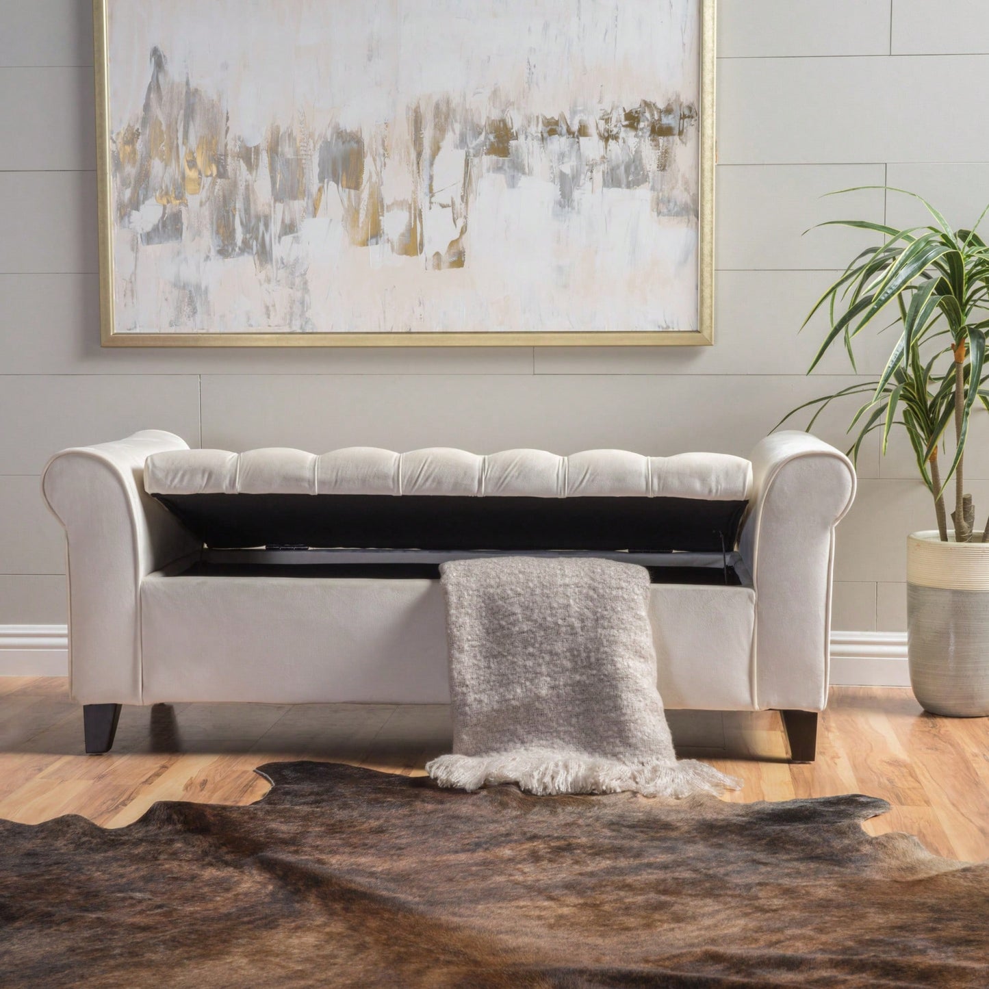 Stylish And Functional Armed Storage Bench With Cushion For Entryway Or Living Room