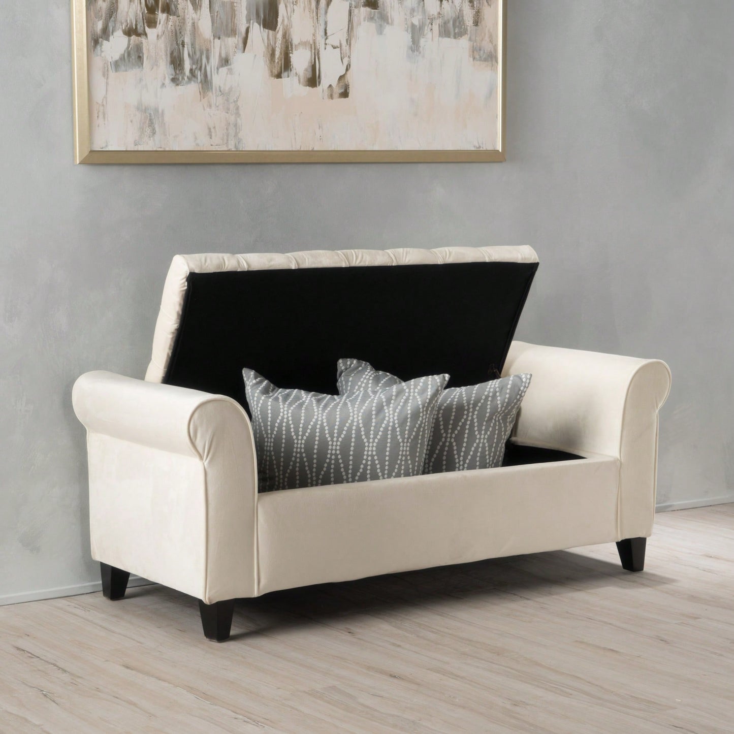 Stylish And Functional Armed Storage Bench With Cushion For Entryway Or Living Room