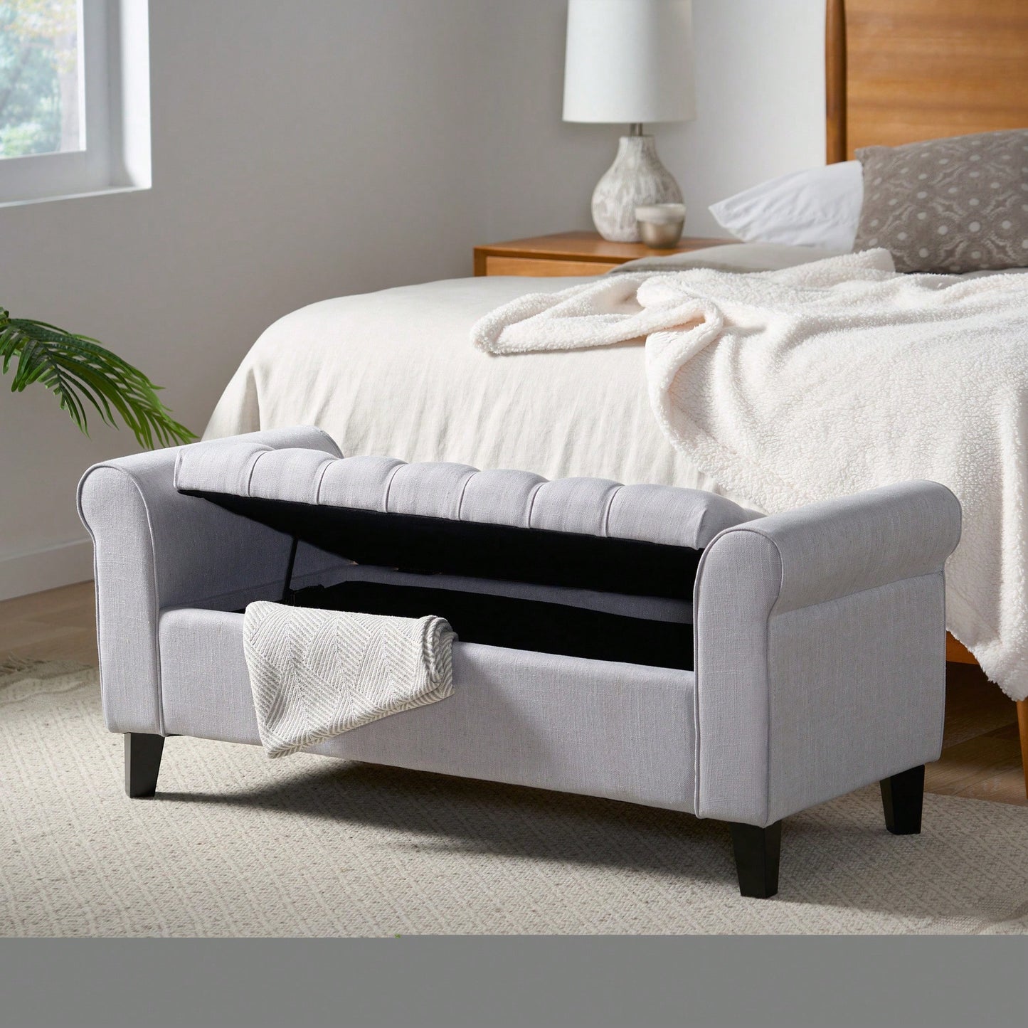 Stylish And Functional Armed Storage Bench With Cushion For Entryway Or Living Room