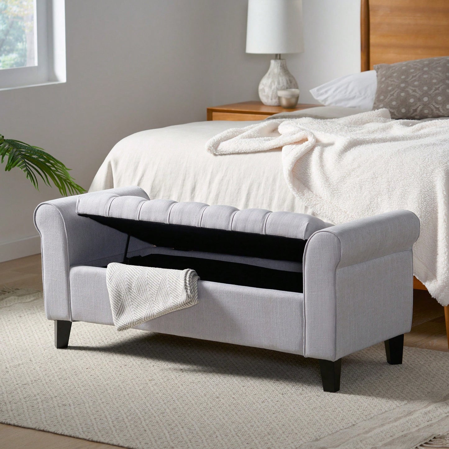 Stylish And Functional Armed Storage Bench With Cushion For Entryway Or Living Room