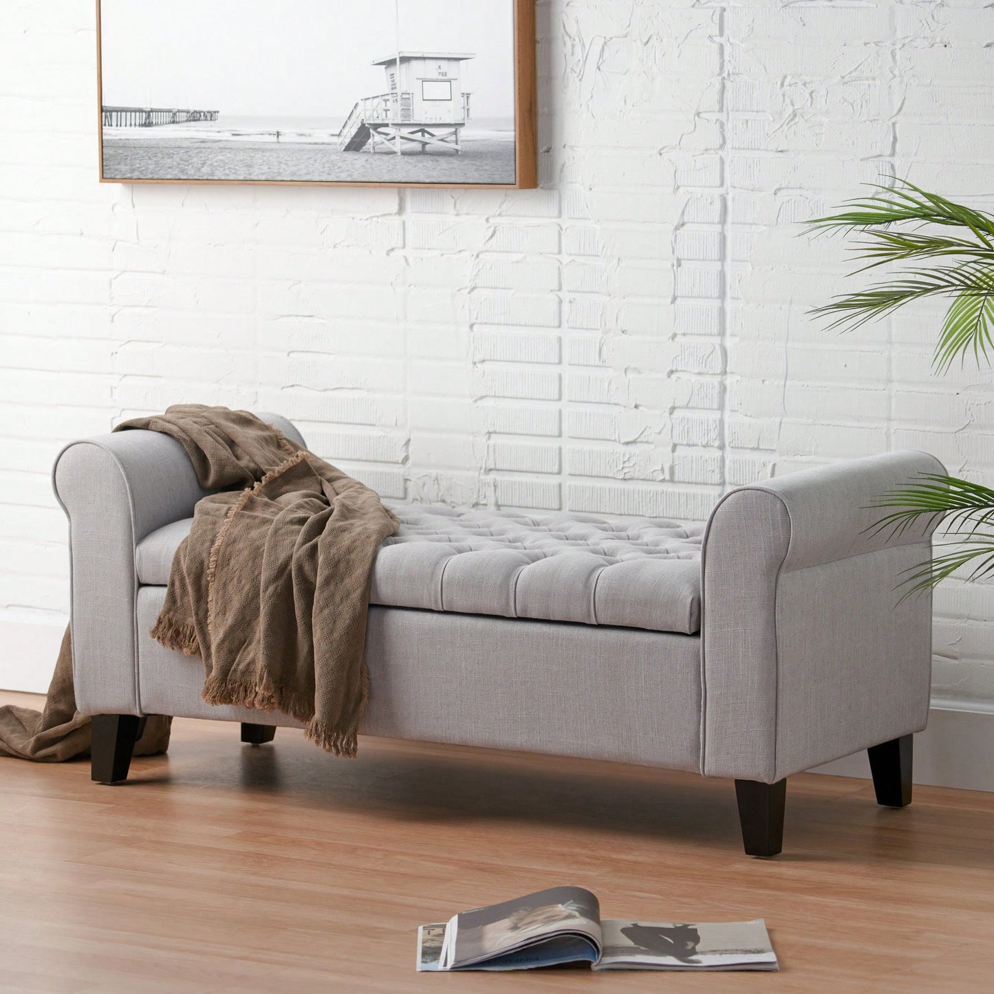 Stylish And Functional Armed Storage Bench With Cushion For Entryway Or Living Room