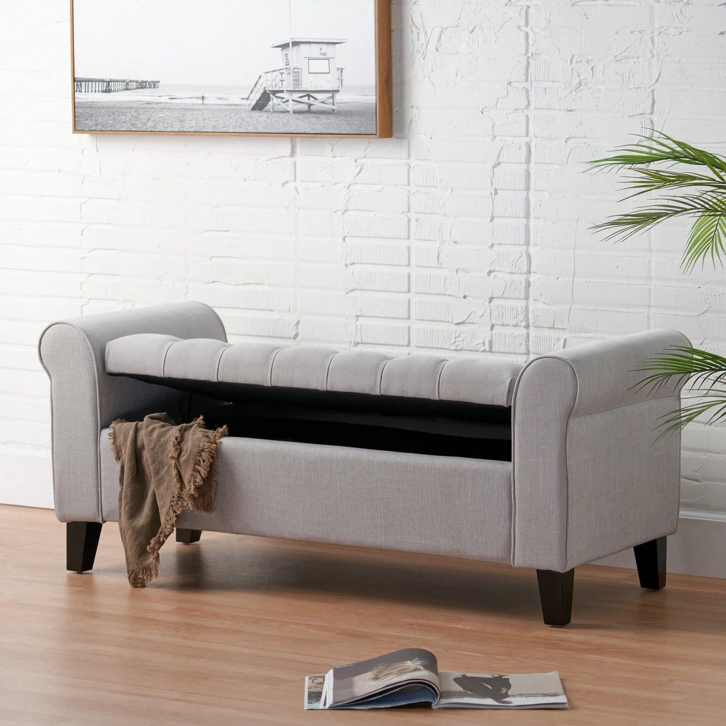 Stylish And Functional Armed Storage Bench With Cushion For Entryway Or Living Room