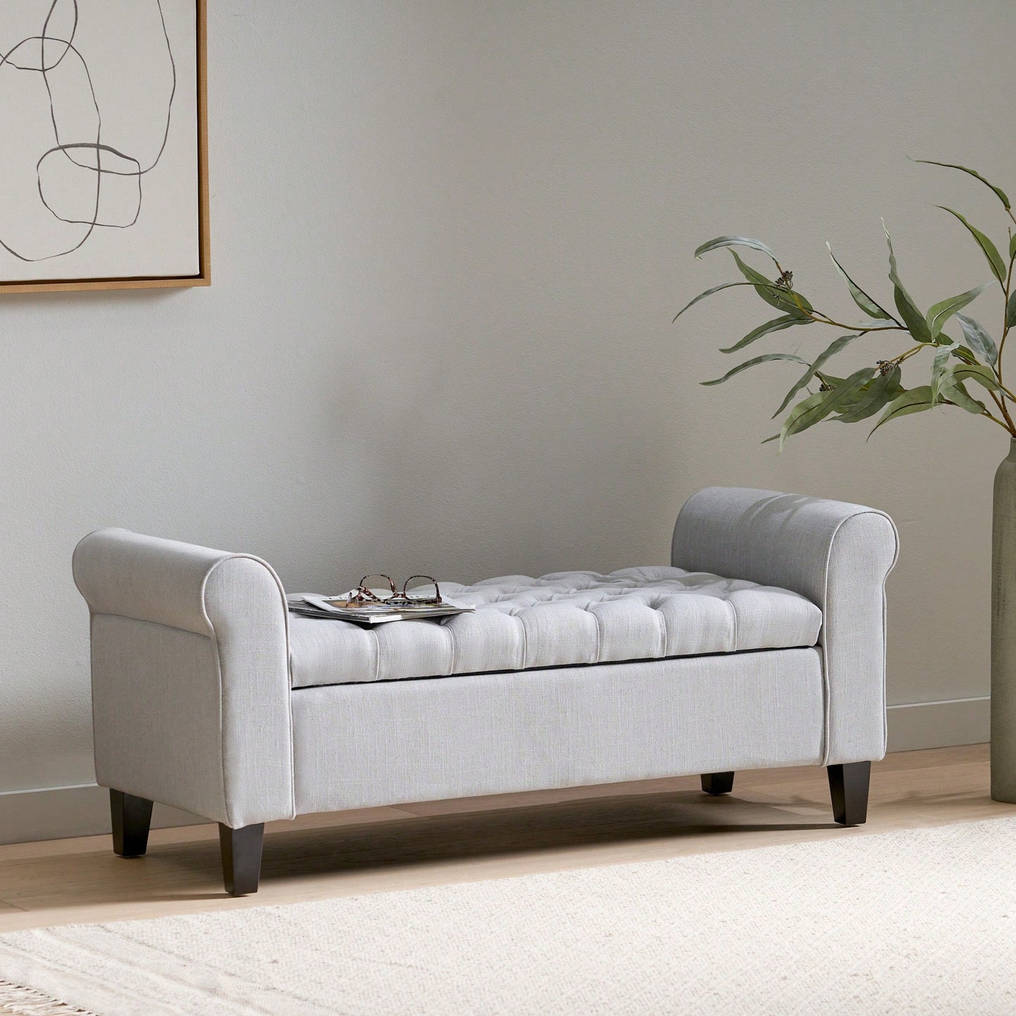 Stylish And Functional Armed Storage Bench With Cushion For Entryway Or Living Room
