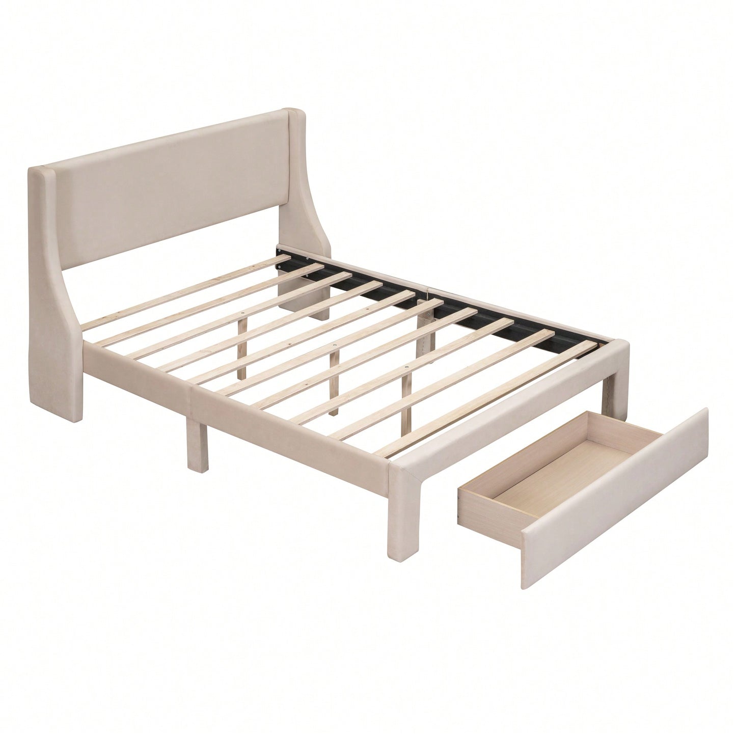 Elegant Velvet Upholstered Full Size Storage Bed With Spacious Drawer In Beige
