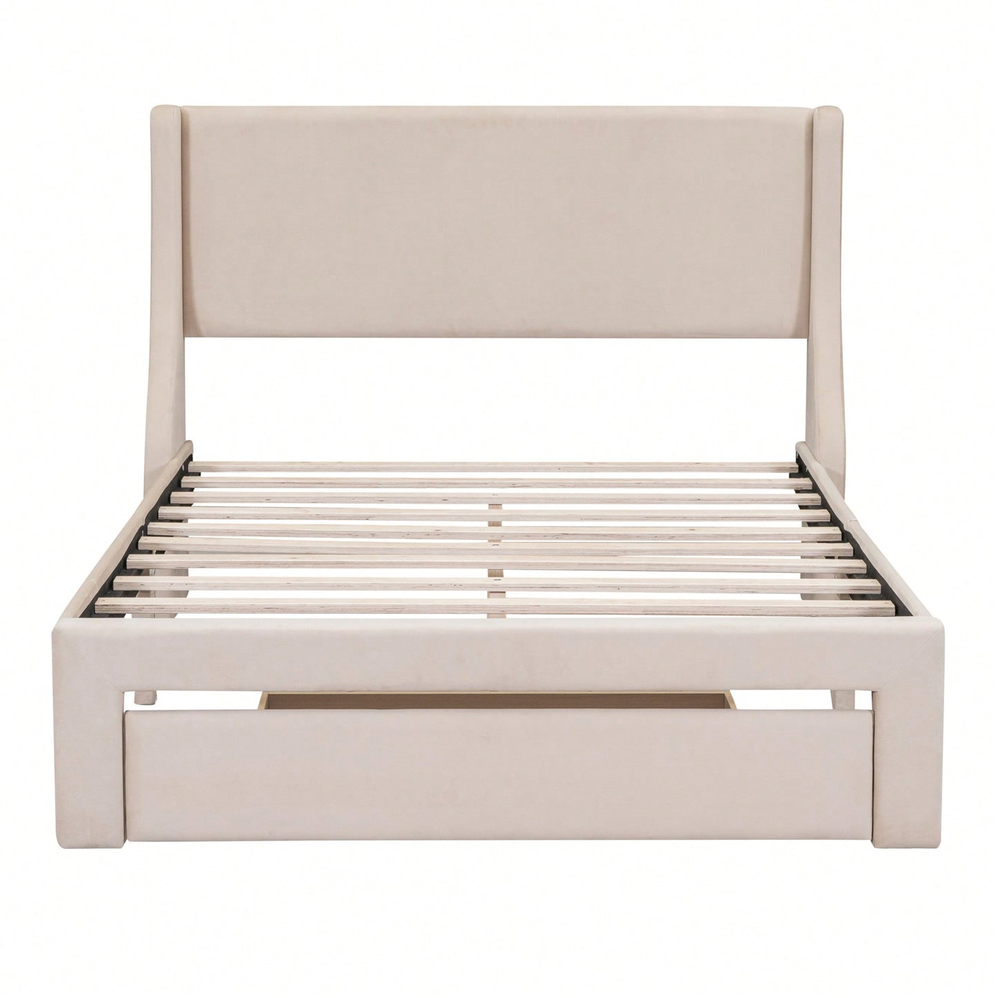 Elegant Velvet Upholstered Full Size Storage Bed With Spacious Drawer In Beige