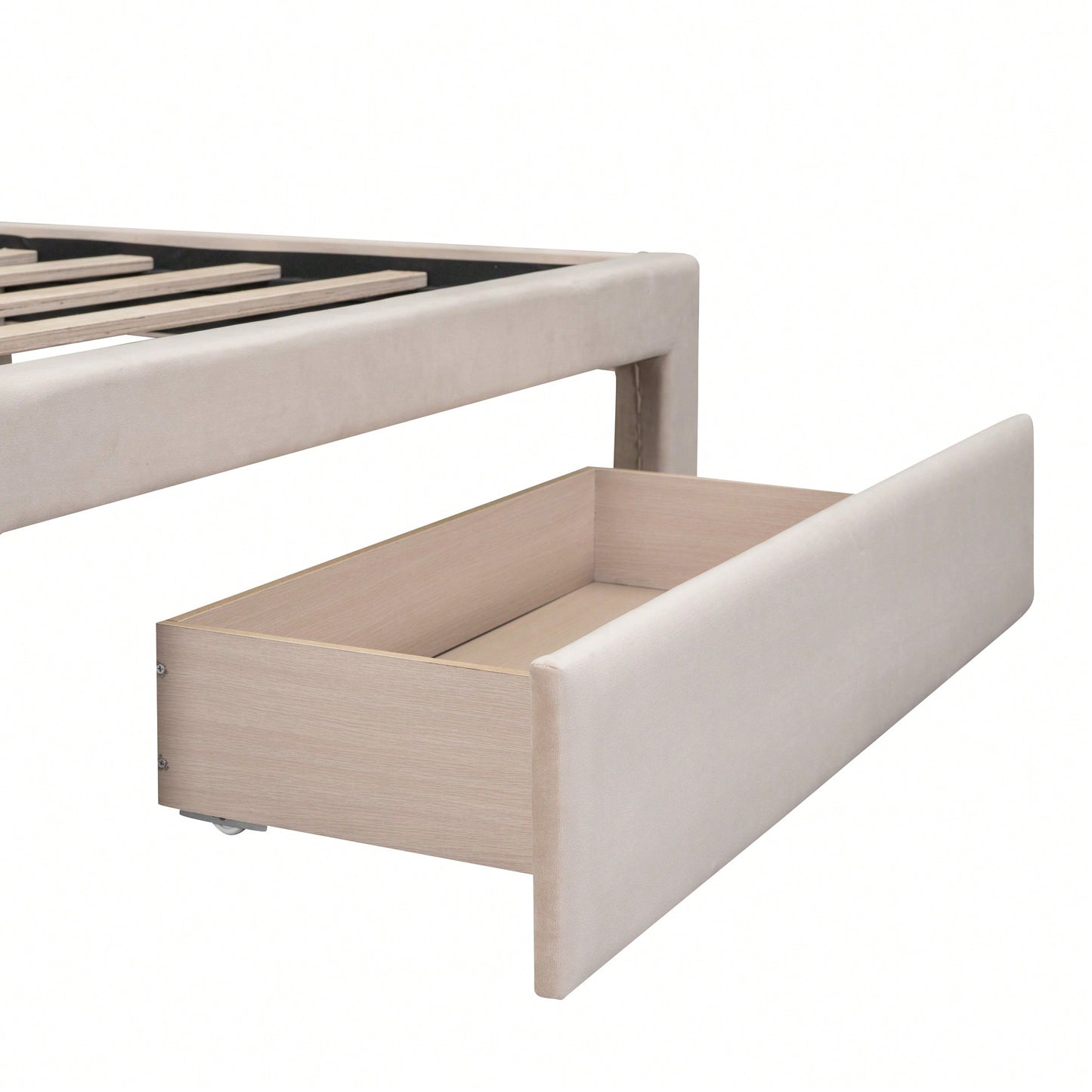 Elegant Velvet Upholstered Full Size Storage Bed With Spacious Drawer In Beige