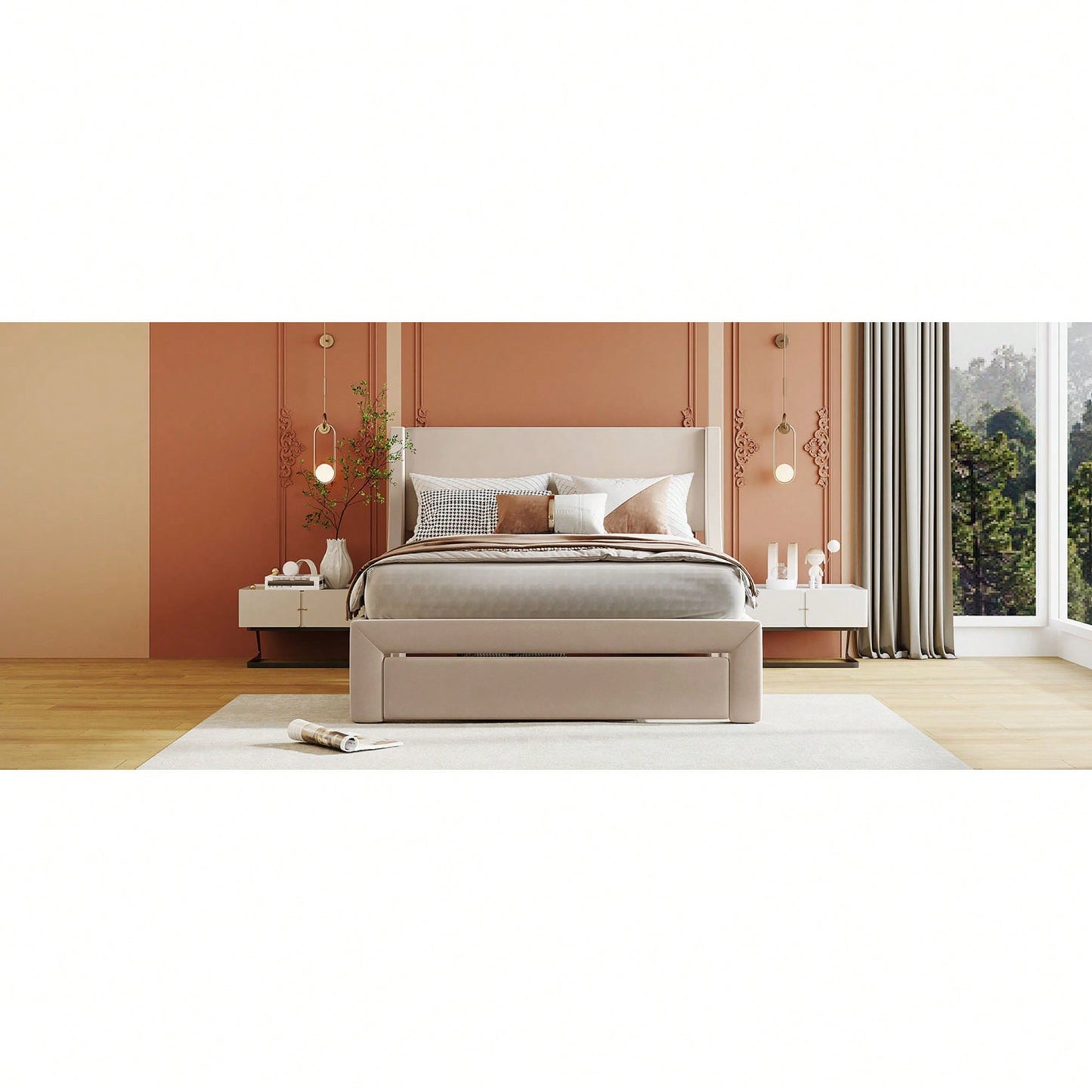 Elegant Velvet Upholstered Full Size Storage Bed With Spacious Drawer In Beige