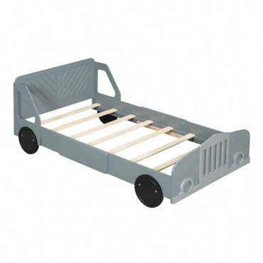 Blue Twin Size Car-Shaped Platform Bed With Wheels For Kids Room