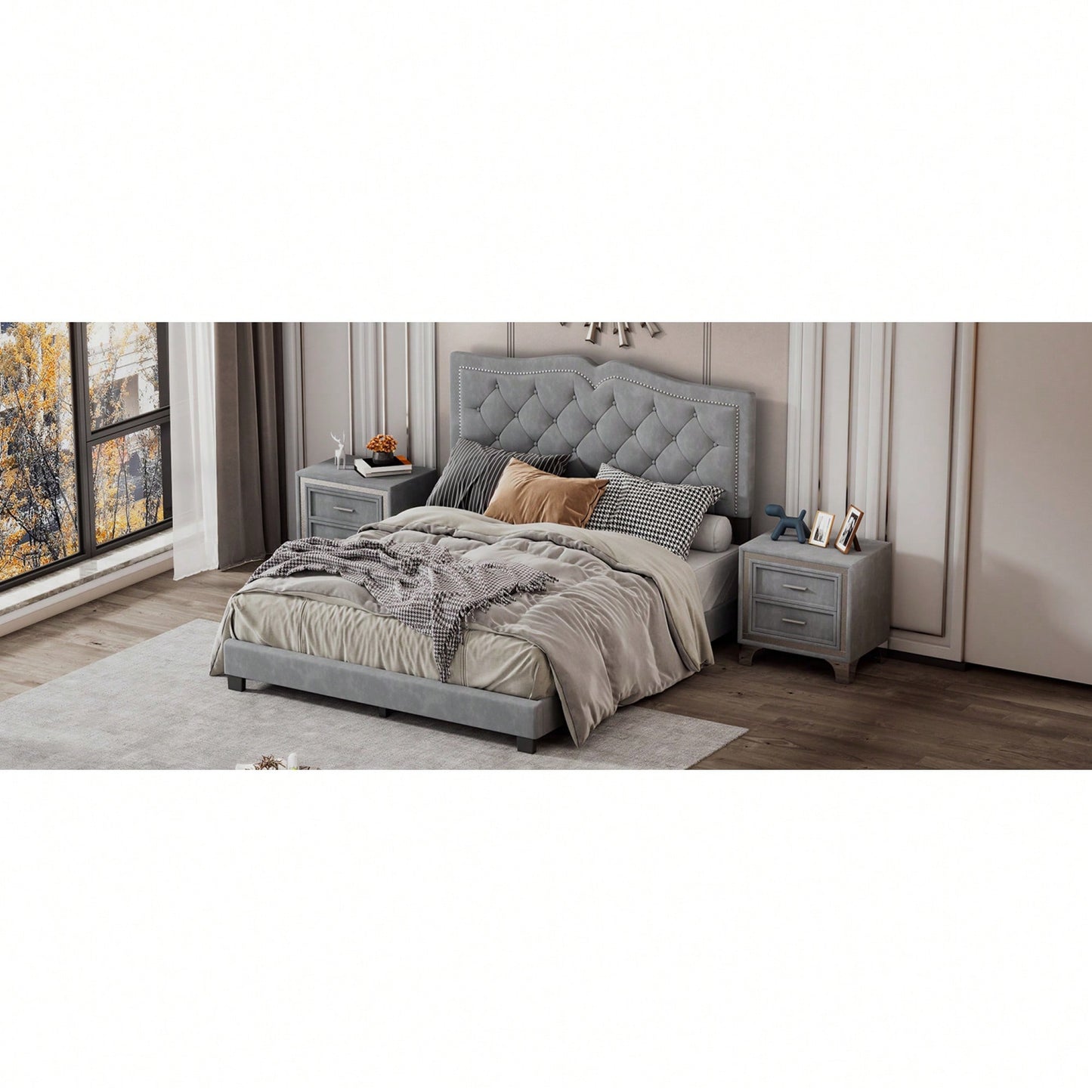 Modern Gray Velvet Queen Size Upholstered Bed Frame With Tufted Headboard And Rivet Design