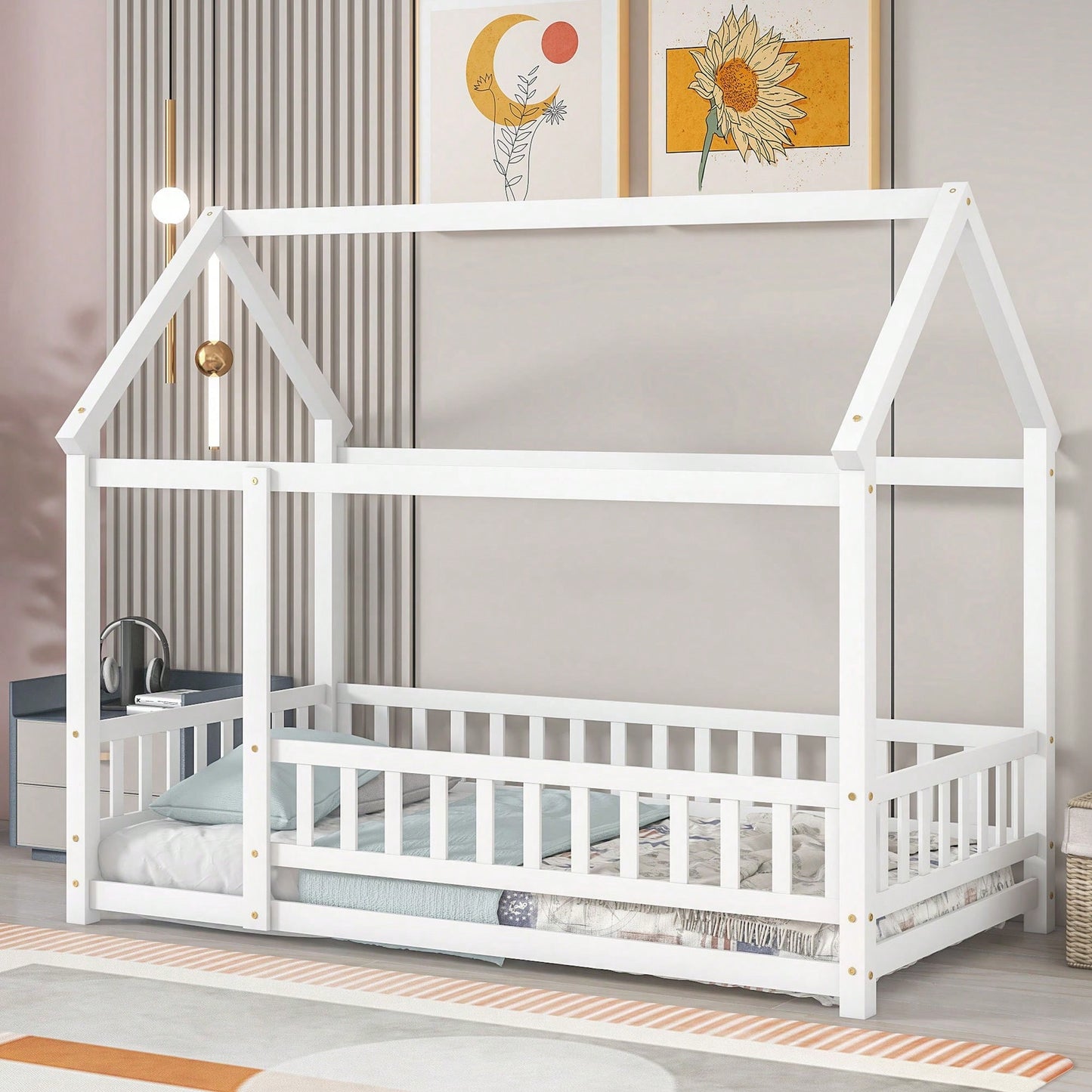 Twin Size Wooden House Bed Frame With Roof And Fence Guardrails In White
