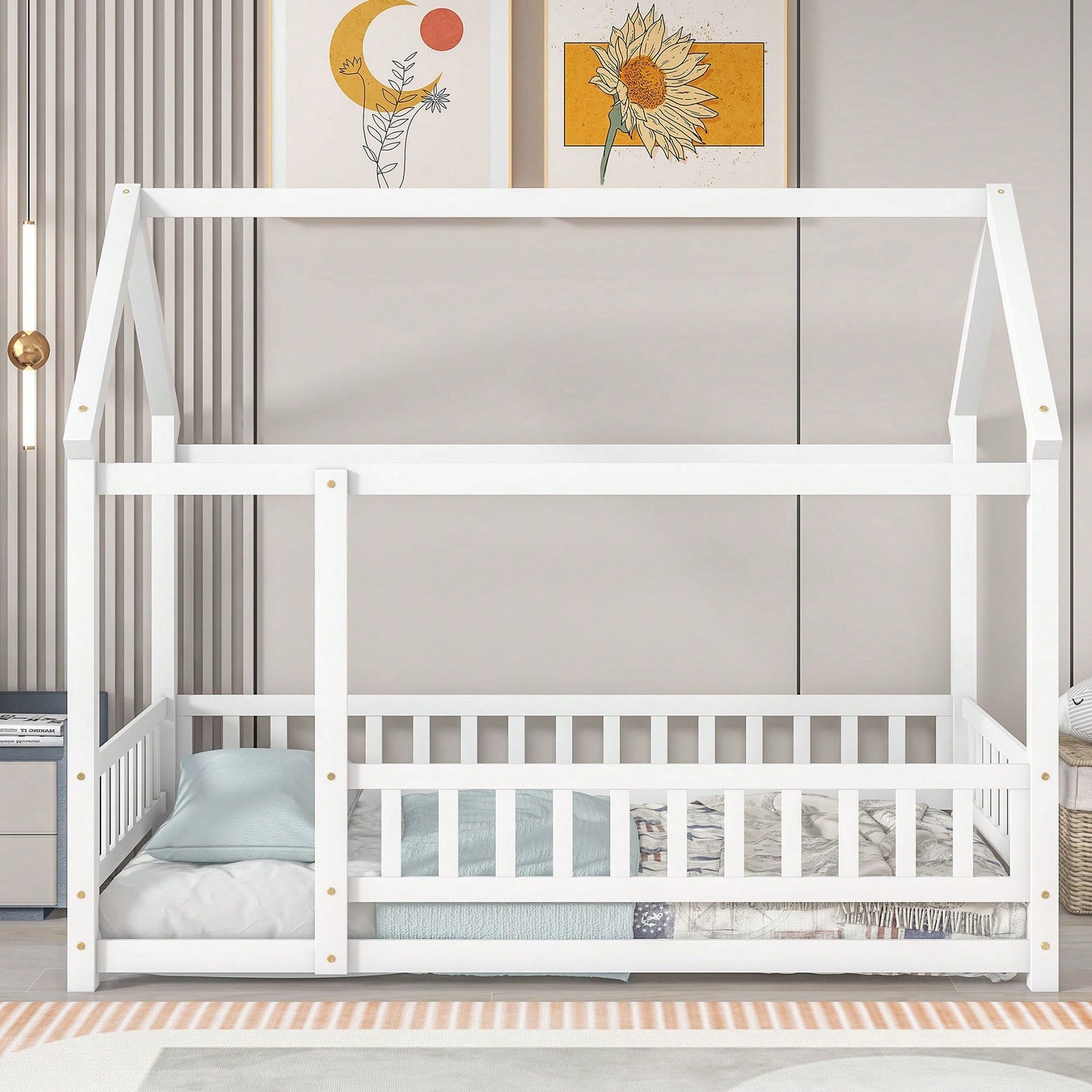 Twin Size Wooden House Bed Frame With Roof And Fence Guardrails In White