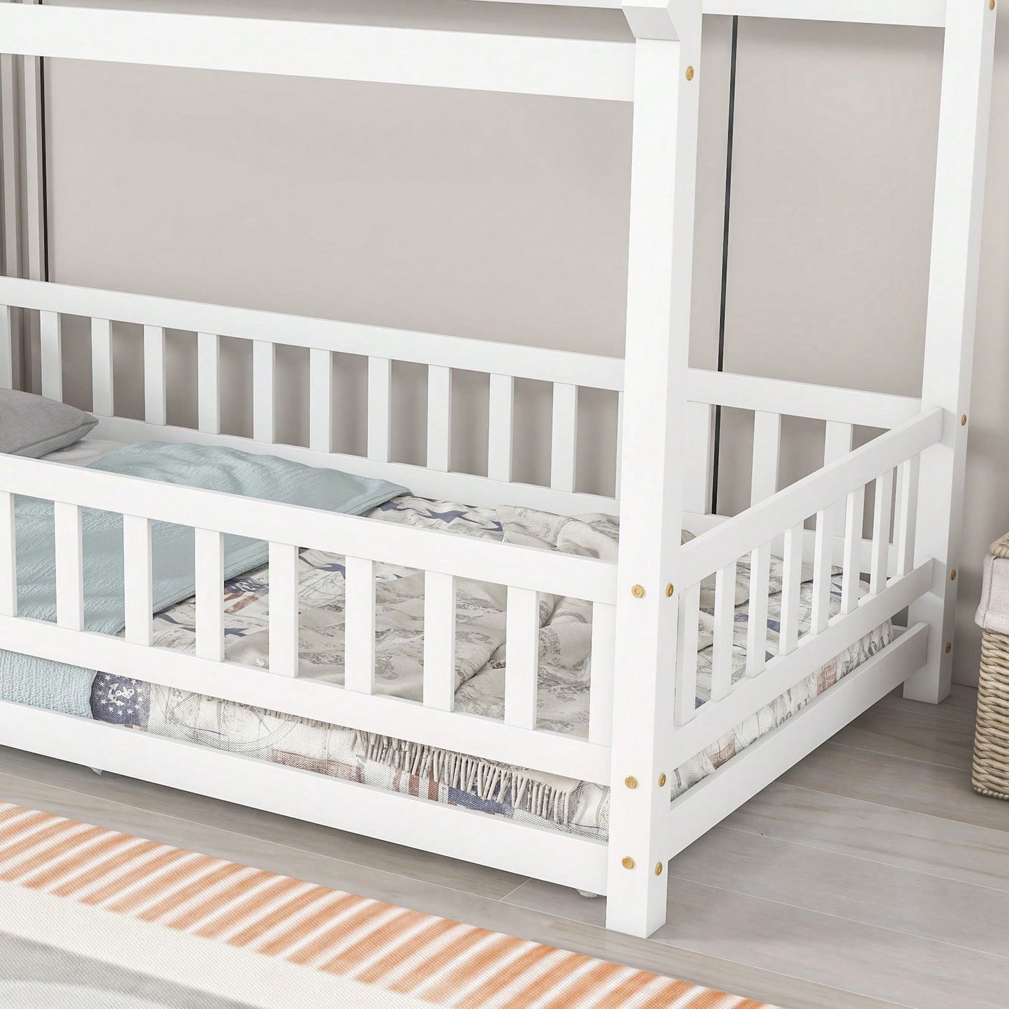 Twin Size Wooden House Bed Frame With Roof And Fence Guardrails In White