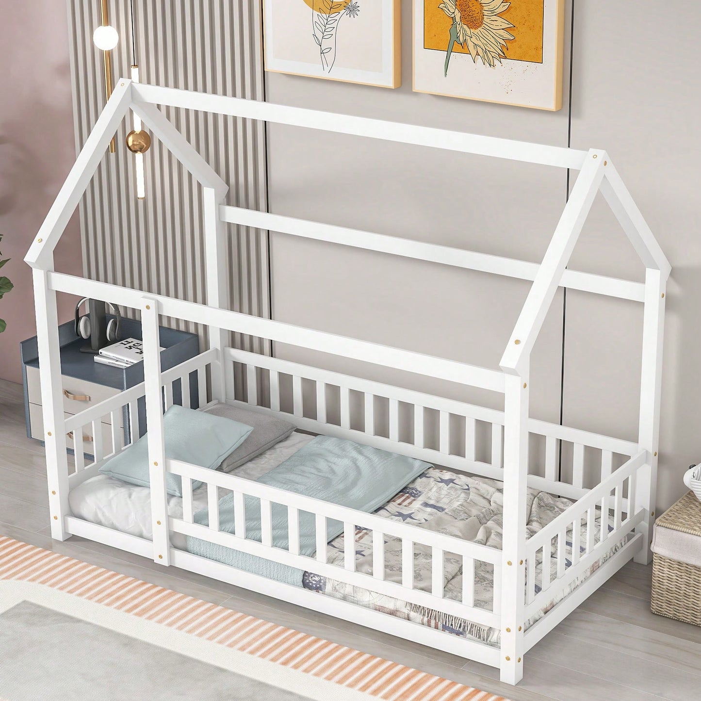Twin Size Wooden House Bed Frame With Roof And Fence Guardrails In White